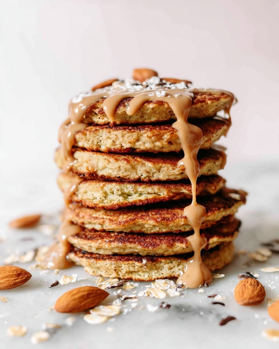 A stack of seven golden brown pancakes sits slightly off-center on a white plate, each pancake showing a light, fluffy texture with small dark specks. Almond butter is drizzled over the pancakes, dripping down the sides in thick, smooth trails. Around the stack on the plate are scattered whole almonds, small nut pieces, and some white flakes, giving a natural and textured look. To the left of the plate, there is an open jar of almond butter with a creamy, slightly chunky texture visible inside and a clear glass jar of milk or cream behind it. The surface underneath has a white marbled texture. photo taken with an iphone --ar 4:5 --v 7