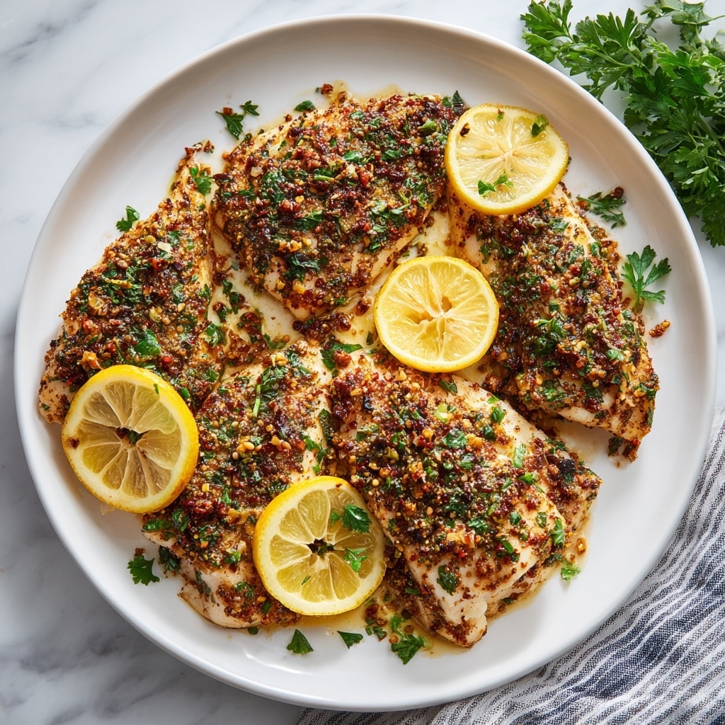A white round plate holds four herb-coated cooked fish fillets arranged close together. Each fillet has a golden-brown grill texture with green and dark herb flakes spread thickly on top, giving a rough, speckled look. Under and around the fillets are two lemon slices, bright yellow with a juicy, slightly translucent texture. The plate is set on a white marbled surface, with some green herb pieces scattered lightly around for a natural touch. photo taken with an iphone --ar 4:5 --v 7