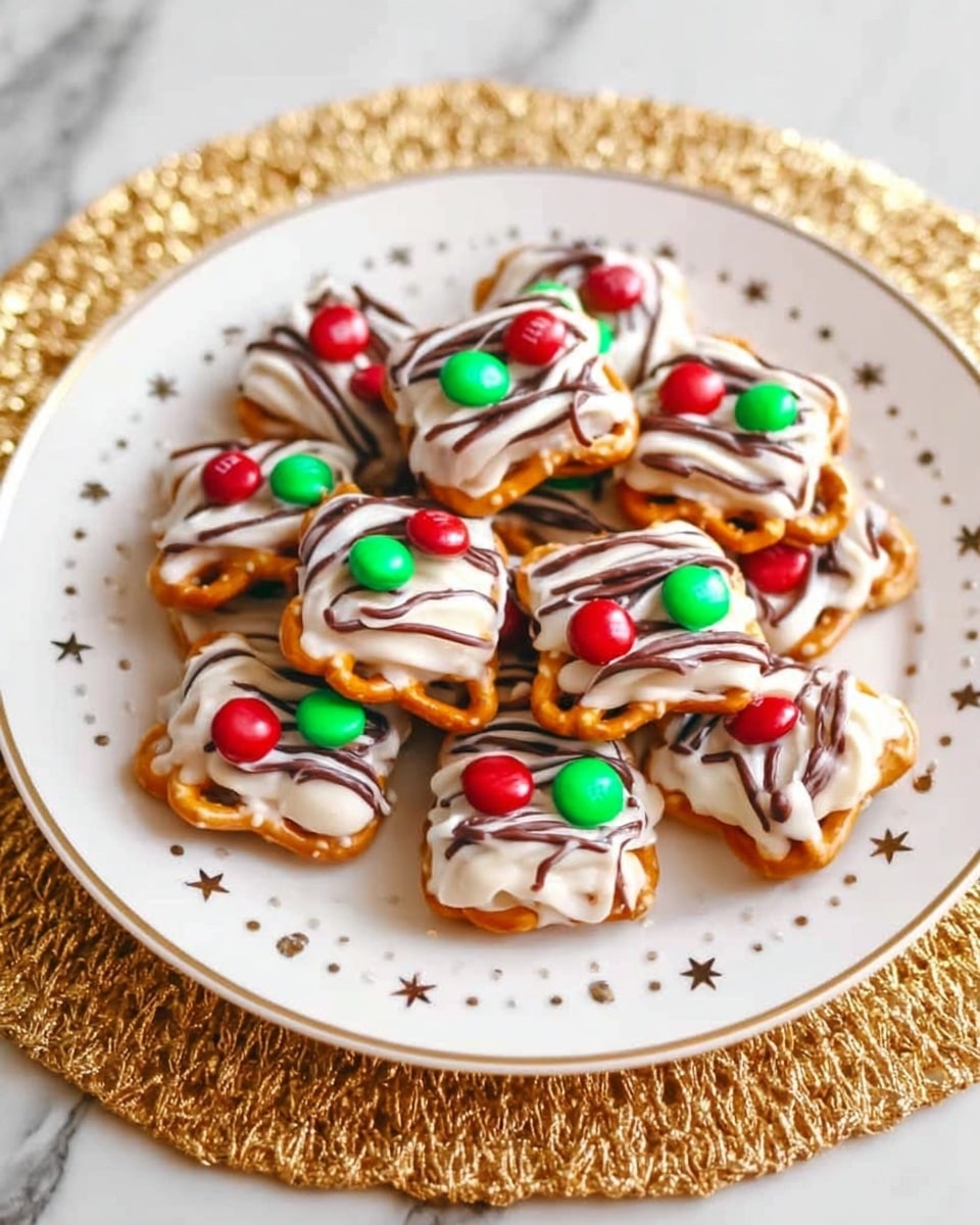 A white plate with silver and gold star and dot patterns holds 15 small square pretzels. Each pretzel has a smooth white layer of cream on top, drizzled with thin, wavy chocolate lines, and is topped with a single red or green M&M candy. The pretzels are stacked closely in the center of the plate, which sits on a shiny gold woven mat over a white marbled surface. Photo taken with an iphone --ar 4:5 --v 7