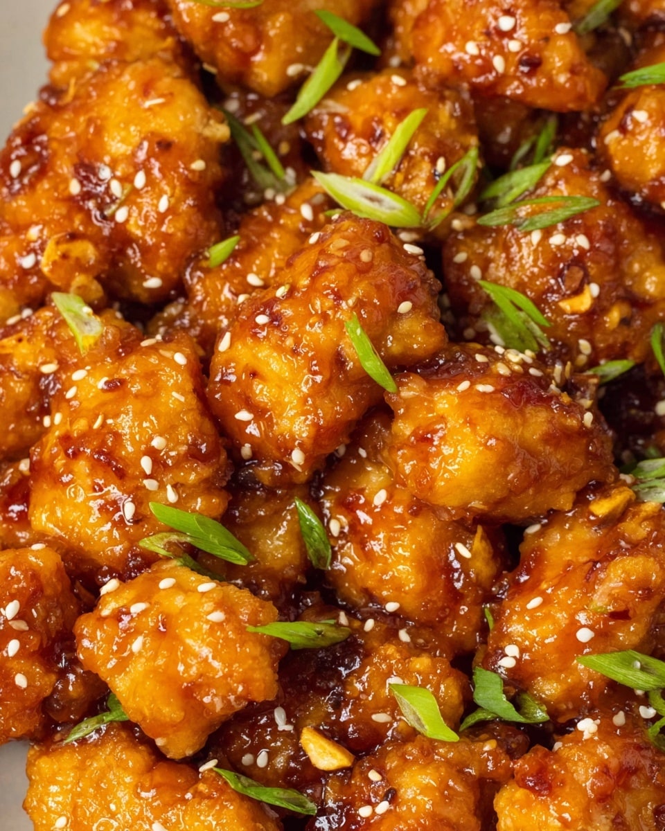 Close-up of many small, golden brown chicken pieces covered in a shiny, sticky orange sauce. The chicken pieces have a crispy texture and are scattered with white sesame seeds and thin green onion slices. The sauce glistens and pools slightly around the chicken, showing bits of what looks like garlic or ginger. The image focuses closely on the chicken with no visible plates or bowls, set against a white marbled texture. photo taken with an iphone --ar 4:5 --v 7