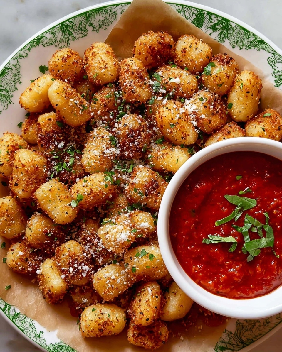 A white plate with green floral patterns is filled with crispy golden-brown gnocchi, each piece coated with a mix of dark spices and grated white cheese, scattered with small green herb bits. The gnocchi are arranged around a white bowl on the right side filled with thick, bright red marinara sauce garnished with small green herbs. The plate sits on a piece of brown parchment paper, all set on a white marbled surface. photo taken with an iphone --ar 4:5 --v 7