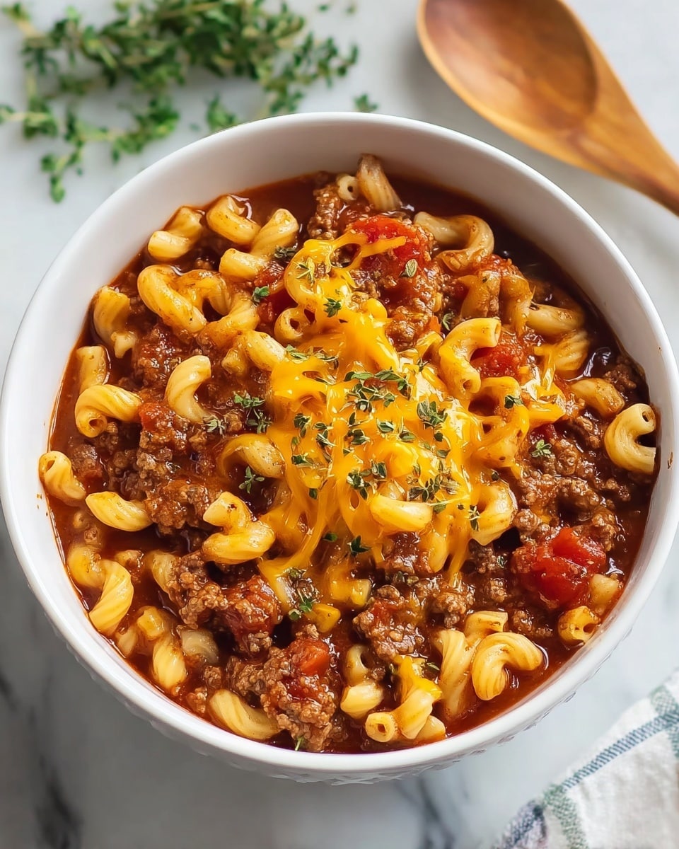 A white bowl is filled with a layered macaroni dish, showing a base of curly elbow macaroni noodles in a rich, red tomato sauce mixed with browned ground beef and chunks of red tomatoes. On top, melted orange cheddar cheese is sprinkled lightly, with small green herb flakes scattered over the cheese. The bowl sits on a white marbled surface next to a wooden spoon and some fresh green herbs. Photo taken with an iphone --ar 4:5 --v 7