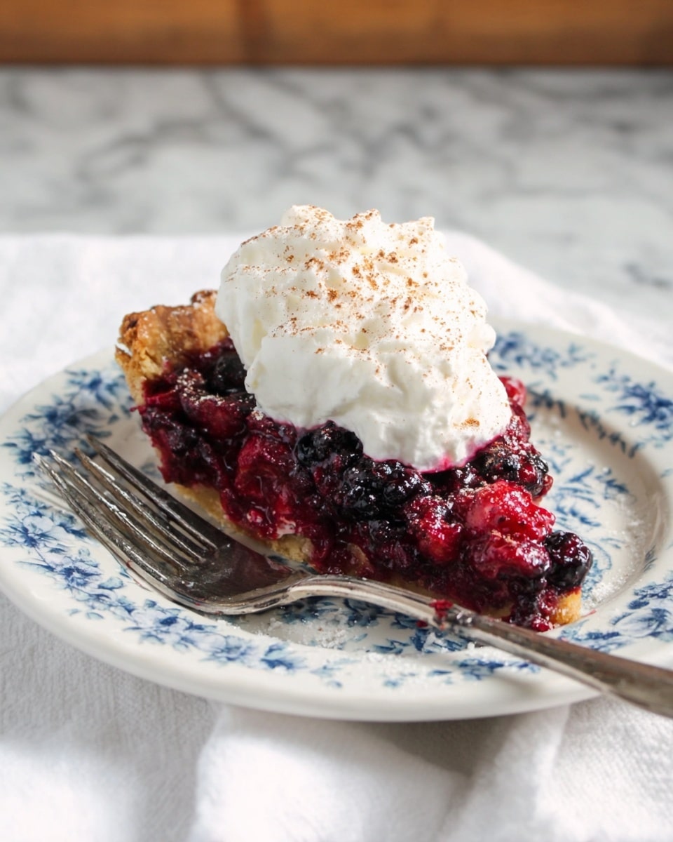 A slice of mixed berry pie with a crumbly golden crust on the bottom, filled with a chunky, deep red and dark purple berry mixture, topped with a large dollop of soft white whipped cream sprinkled lightly with brown cinnamon powder. The slice sits on a white plate with a blue floral border, next to a silver fork with visible wear. The plate rests on a white marbled texture surface partially covered by a white cloth napkin. photo taken with an iphone --ar 4:5 --v 7