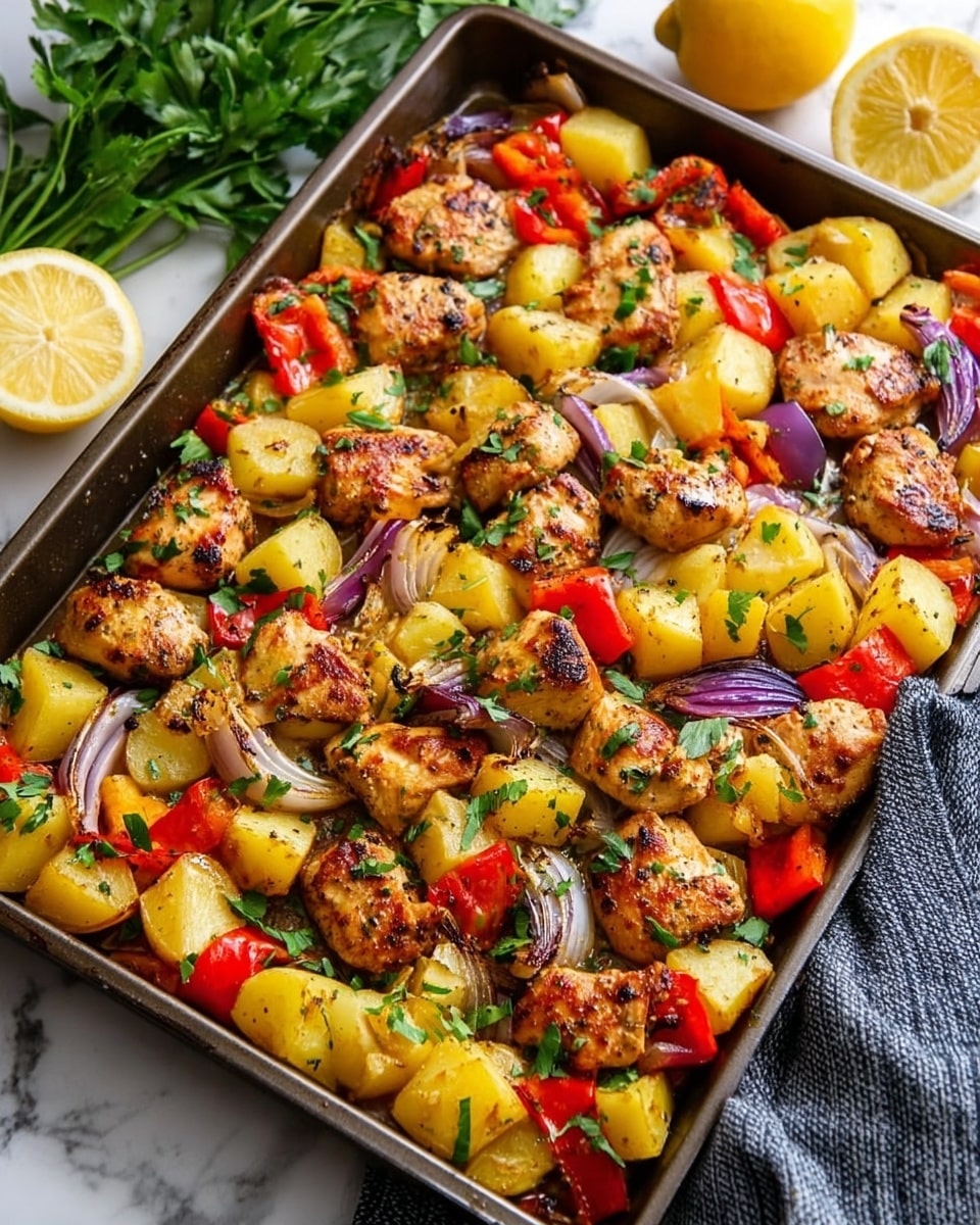 A metal baking tray filled with a colorful baked dish featuring golden-brown grilled chicken pieces scattered evenly on top. Among the chicken are chunks of yellow potatoes with crispy edges, bright red bell pepper pieces, and chunks of purple onion. Fresh green herb leaves are sprinkled over the dish, adding a touch of freshness. The tray sits on a white marbled textured surface, with a bunch of fresh herbs on the side and lemon wedges in the background. photo taken with an iphone --ar 4:5 --v 7