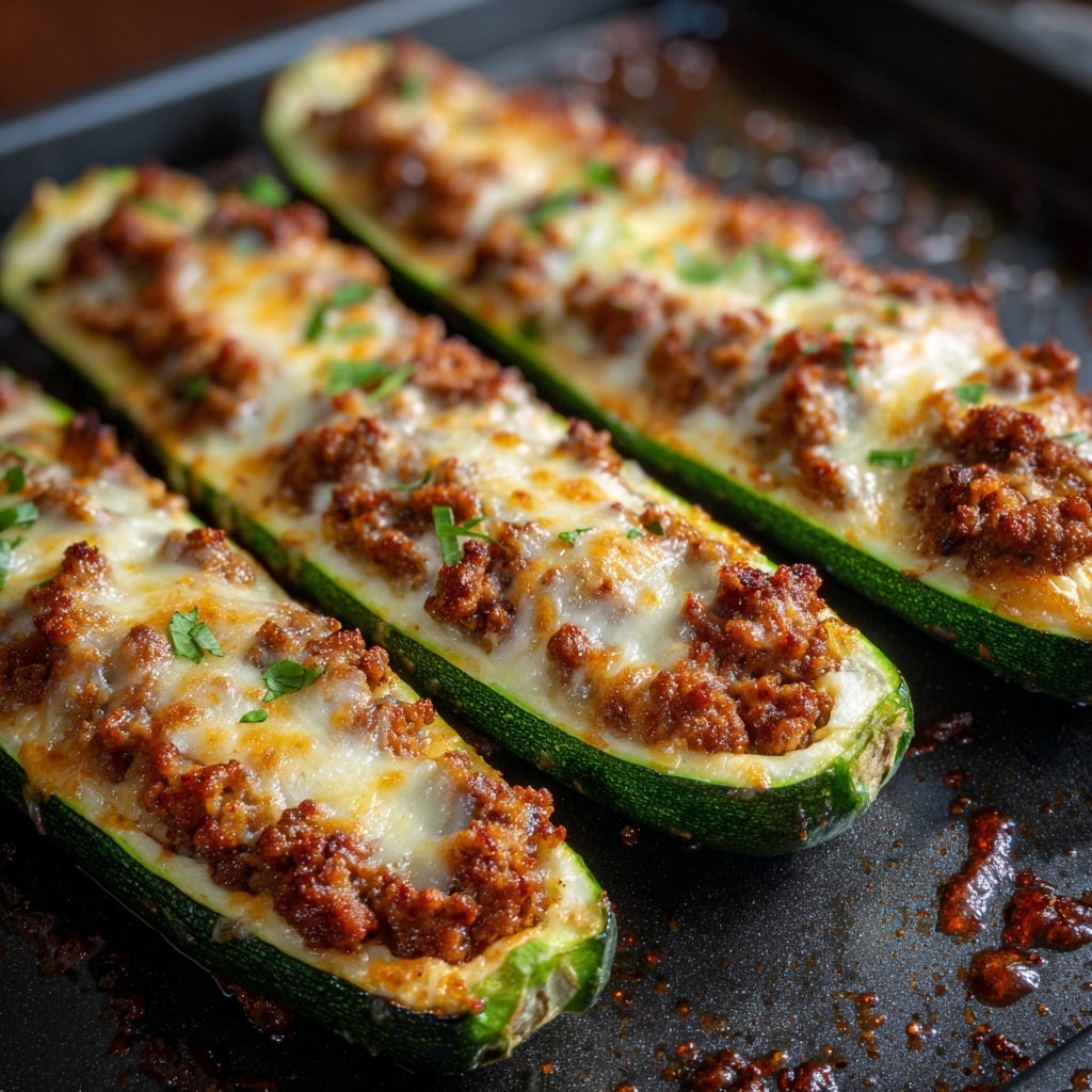 The image shows three zucchini halves stuffed and baked on a dark baking tray. Each zucchini has a base layer of bright yellow cooked flesh, topped with a rich brown minced meat filling, and finished with a melted, slightly golden cheese layer that looks creamy and soft. Small green herb pieces are sprinkled on top of the cheese, adding a fresh touch to the rich textures. The zucchinis have dark green skins, and the overall scene is close-up with soft, natural lighting highlighting the food’s textures and colors. Photo taken with an iphone --ar 4:5 --v 7
