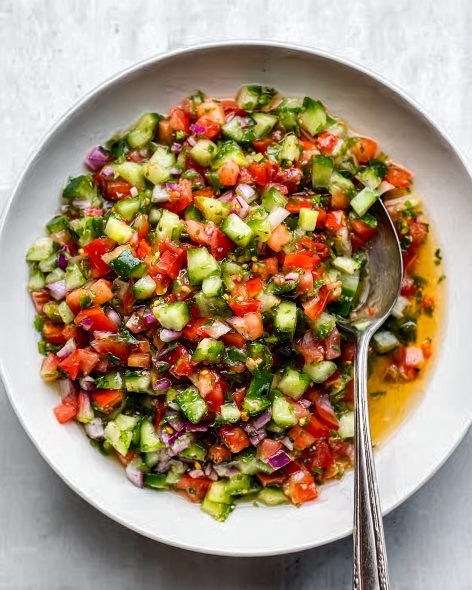 A white bowl is filled with a colorful salad made of finely chopped vegetables, including green cucumbers, red tomatoes, light purple onions, and green herbs. The salad has a wet, slightly shiny texture, showing the mixture is dressed with some oil or dressing. A silver spoon rests inside the bowl, ready to serve. The bowl sits on a white marbled surface, adding a clean and fresh look to the image. photo taken with an iphone --ar 4:5 --v 7