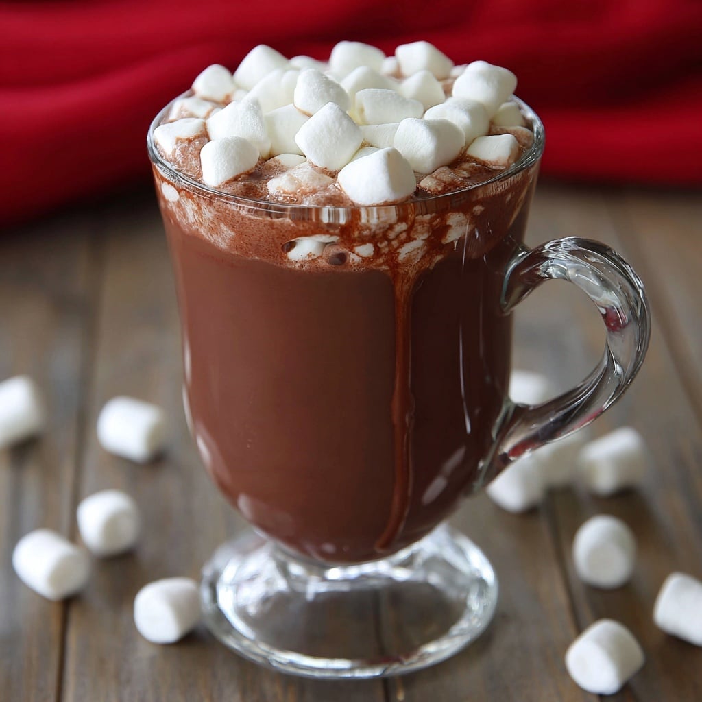 A clear glass mug filled with light brown hot chocolate with a smooth texture, topped with a layer of small white marshmallows that slightly melt and turn golden around the edges. The mug is placed on a wooden surface with scattered marshmallows nearby and a red cloth in the background. photo taken with an iphone --ar 4:5 --v 7