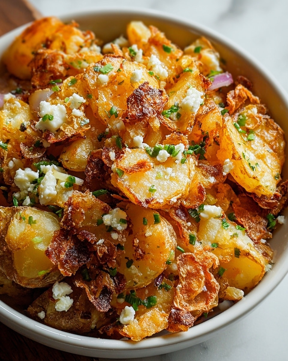 A close-up of a dish in a white bowl filled with crispy, golden brown potato pieces with uneven edges and some darker fried spots, mixed with small chunks of white cheese and tiny green chopped herbs scattered all over. The potatoes have a rough, crunchy texture with some browned, curled bits on top, and a few small pieces of purple onion visible among the layers. The bowl sits on a white marbled surface, enhancing the warm colors of the food. photo taken with an iphone --ar 4:5 --v 7