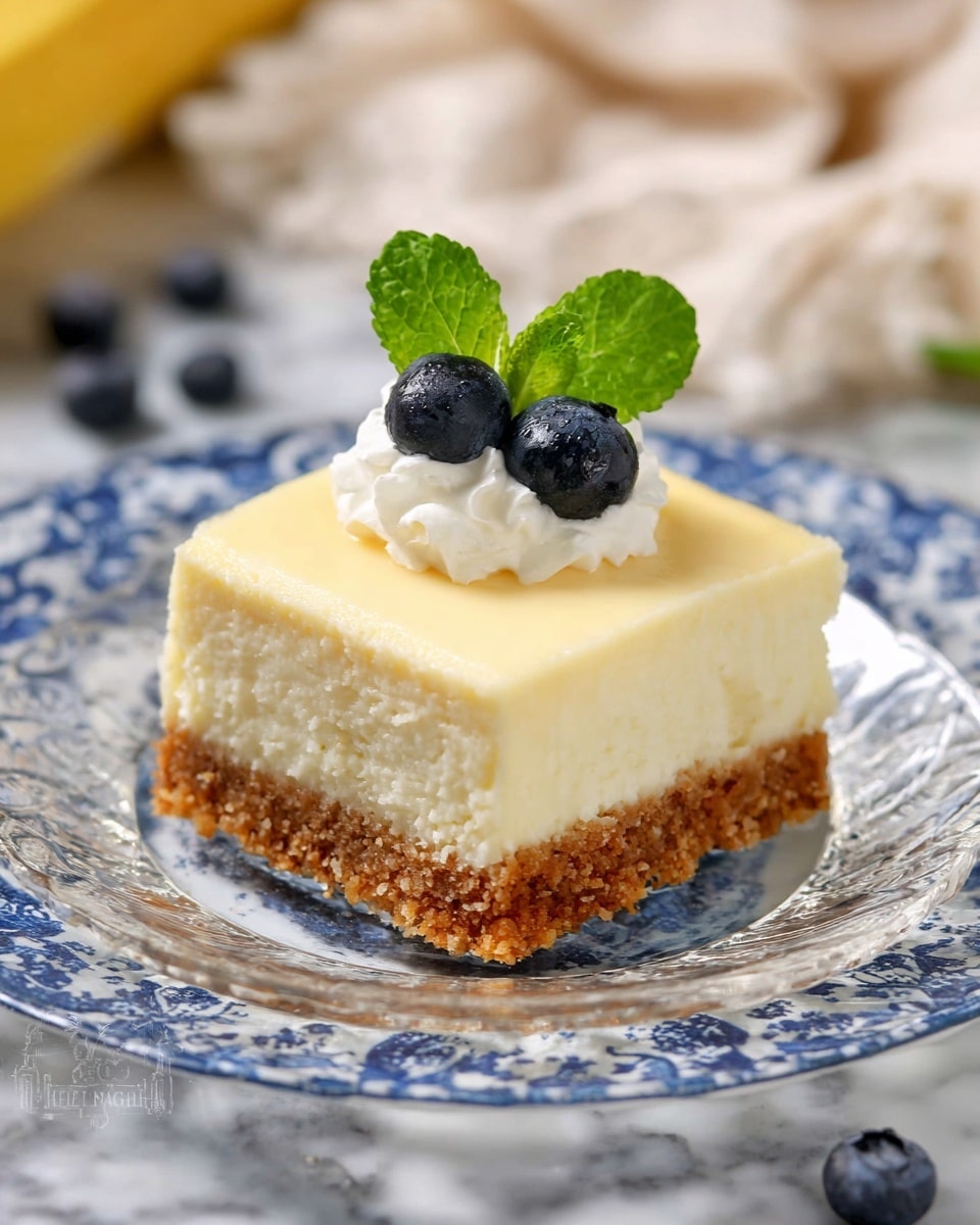 A square piece of cheesecake with two layers sits on a clear glass plate placed over a white plate with blue patterns. The bottom layer is a crumbly brown crust, while the top layer is a thick, creamy, light-yellow cheesecake. On top, there is a small dollop of white whipped cream, two dark blue blueberries, and a small sprig of bright green mint leaves. The setting is on a white marbled surface with soft focus elements like a banana and cloth in the background. Photo taken with an iphone --ar 4:5 --v 7