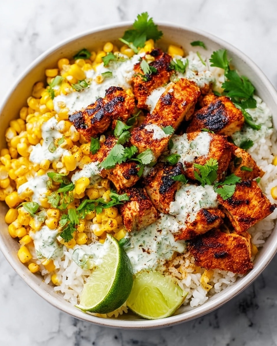 A bowl filled with three visible layers starts with a base of white cooked rice with a soft and fluffy texture, topped by bright yellow cooked corn kernels. On top are multiple pieces of grilled chicken, browned with slightly charred edges, giving a rough texture and a rich orange-red color from spices. A white creamy sauce with specks of seasoning is drizzled unevenly over the chicken and corn. Fresh green cilantro leaves are sprinkled on top, and two bright green lime wedges are placed on the side of the bowl, which is white and round. The scene is set on a white marbled surface. photo taken with an iphone --ar 4:5 --v 7