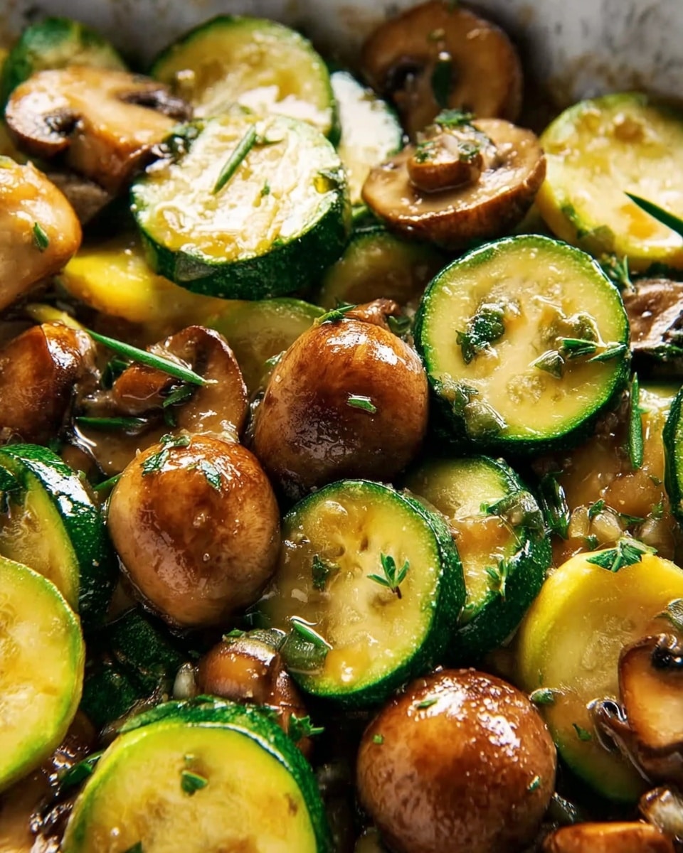 A close-up view of cooked vegetables showing sliced zucchini and whole mushrooms. The zucchini slices are round with a green outer skin and a yellowish center, scattered evenly across the image. The mushrooms are brown, glossy, and slightly wrinkled, mixed closely with the zucchini. Small green herb leaves are sprinkled on top, with a slightly shiny oily coating covering all the vegetables, giving a cooked and glazed look. The background has a white marbled texture. photo taken with an iphone --ar 4:5 --v 7