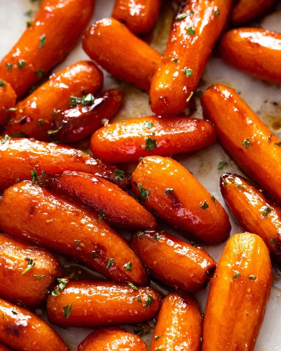 The image shows a close-up of many glazed cooked baby carrots scattered on a white marbled textured surface. The carrots are vibrant orange with a shiny, slightly sticky glaze covering them, and there are small green herb bits sprinkled on top. Each carrot is whole and plump, some with a slightly darker caramelized color in spots, giving a glossy and slightly textured look. Light reflections emphasize the smooth, sticky glaze, and a few char marks hint at roasting or caramelization. photo taken with an iphone --ar 4:5 --v 7