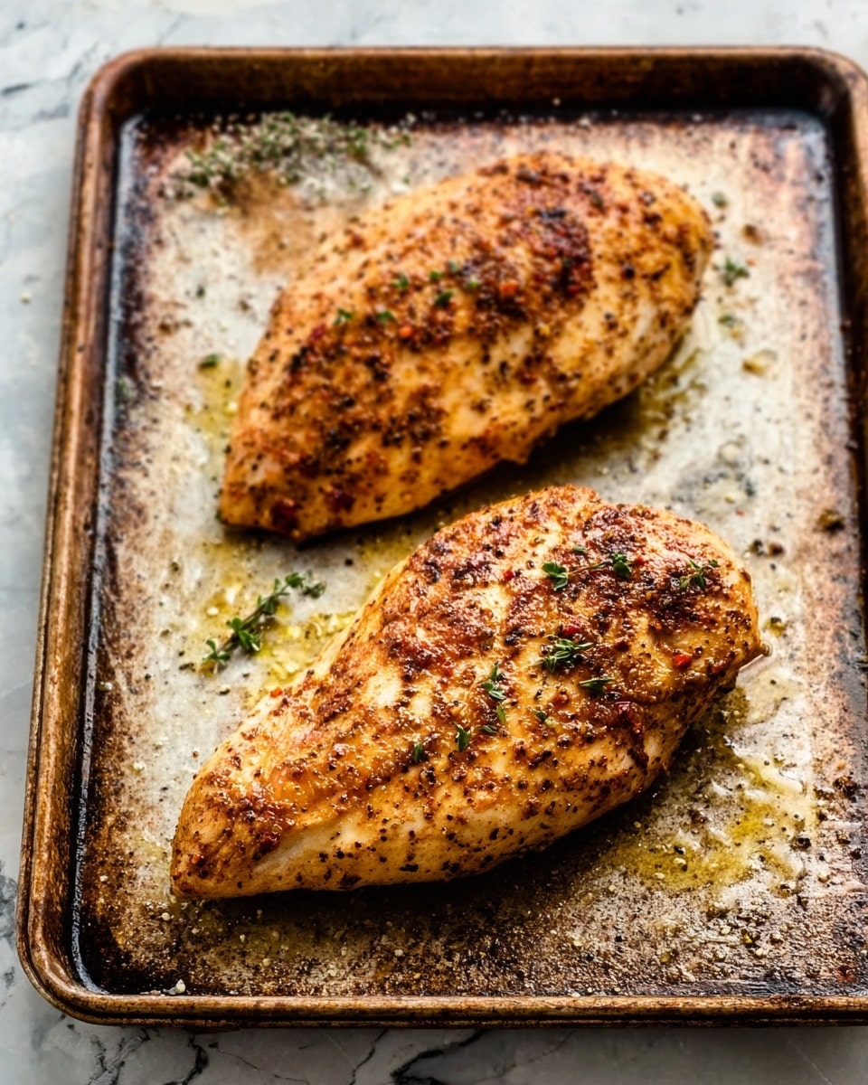 The image shows two cooked chicken breasts on a rustic baking tray. The chicken has a golden brown color with a slightly crispy texture on the outside, covered with visible small spices and herbs, giving a speckled appearance. The skin looks well-roasted with slight darker char marks on top. The baking tray has some leftover seasoning flakes and oil spots, enhancing the roasted effect. The scene is set on a white marbled surface. photo taken with an iphone --ar 4:5 --v 7
