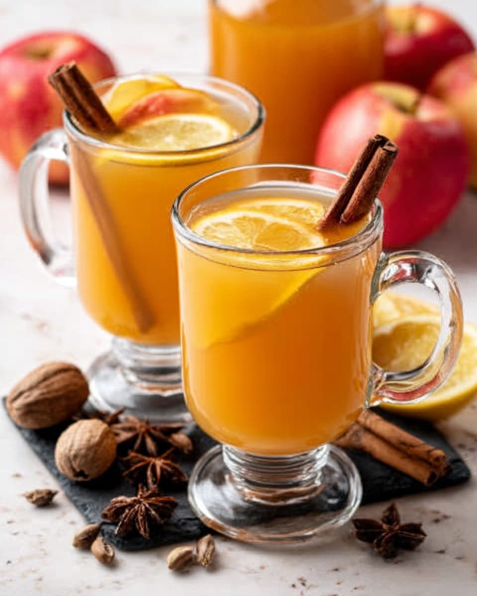 The image shows two clear glass mugs filled with a warm, golden-orange drink. Each mug has a thin lemon slice floating on top, along with a cinnamon stick standing upright inside the drink. The liquid looks smooth and slightly thick with a shiny surface. The mugs sit on a dark wooden board, which is placed on a white marbled surface. Around the mugs, there are whole cinnamon sticks, scattered nutmegs, and some fresh apples with red and pink hues, softly blurred in the background. The photo taken with an iphone --ar 4:5 --v 7