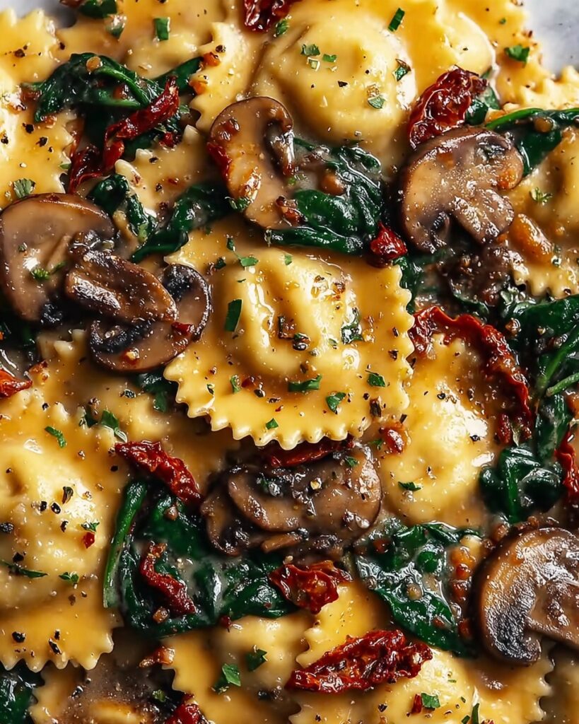 Cheesy Ravioli with Spinach & Mushrooms Recipe