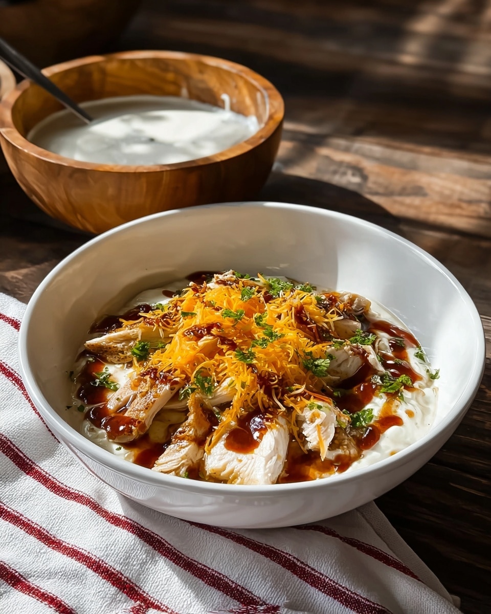 A white bowl sits on a dark wooden table with a white and red striped cloth in the background. Inside the bowl, the bottom layer appears to be creamy and white, topped with light brown cooked chicken slices arranged neatly. Over the chicken, there is a drizzle of dark brown sauce, bright orange shredded cheese sprinkled openly, and small green herb leaves scattered for color. Behind the bowl, a wooden bowl holds a thick white creamy sauce. The whole scene has soft natural light. photo taken with an iphone --ar 4:5 --v 7
