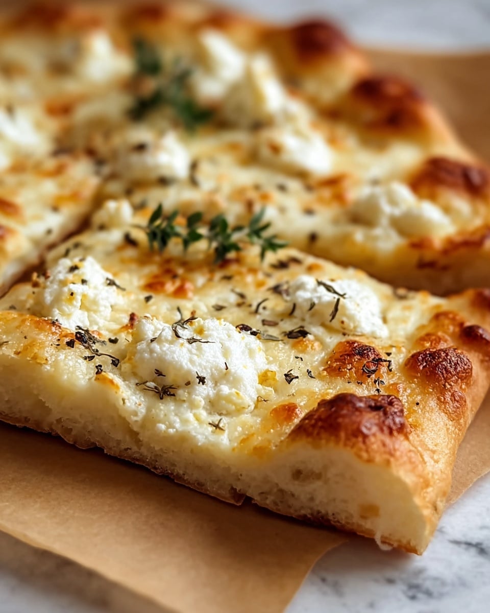 The image shows a close-up of a square-shaped pizza with a thick, golden-brown crust. The pizza has one main layer of melted white cheese that is bubbly and slightly browned in spots. On top of the cheese, there are several dollops of soft white cheese spread unevenly across the surface. Small black specks of dried herbs and spices are scattered over the cheese, adding texture and contrast. A small green herb sprig sits in the middle of the pizza. The pizza is placed on brown parchment paper with a soft fabric seen in the background over a white marbled surface. photo taken with an iphone --ar 4:5 --v 7