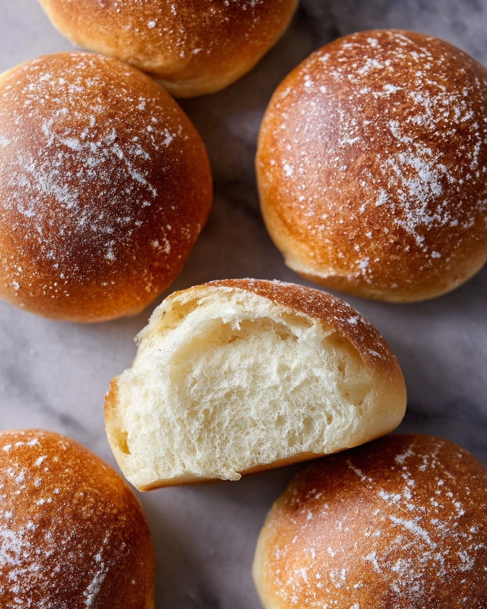 The image shows five round bread rolls with golden brown crusts, some topped with a light dusting of flour or powdered sugar, giving a slightly rough and cracked texture on top. The rolls have a smooth, soft appearance with a light cream color inside seen from one broken open roll. The breads are arranged closely on a white marbled textured surface, showing a mix of whole rolls and one torn piece to reveal the inside crumb. photo taken with an iphone --ar 4:5 --v 7