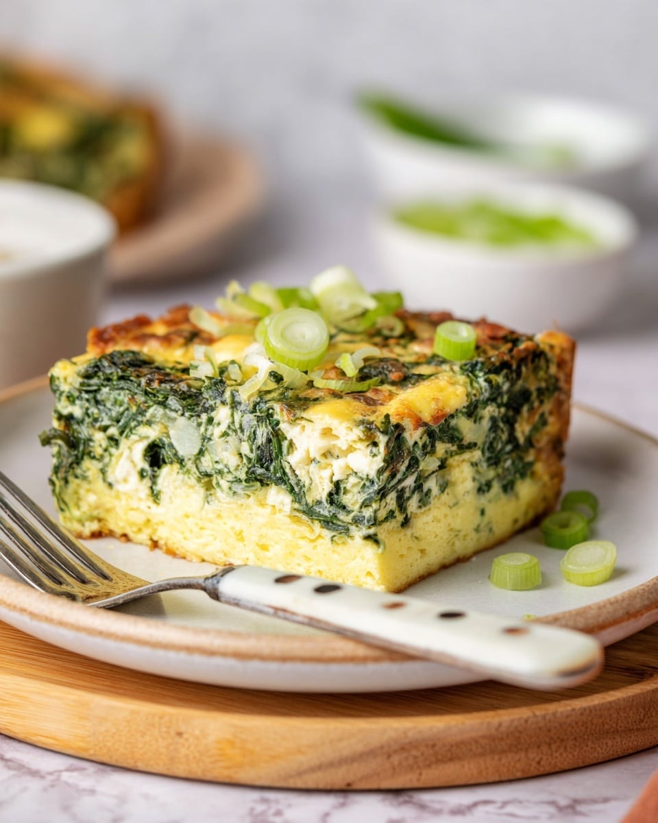 A close-up of a square slice of egg casserole on a white plate, placed on a wooden board with a white marbled background. The casserole has two main layers: a thick, light yellow bottom layer with a smooth texture, and a green and white top layer filled with cooked spinach and melted cheese, showing a slightly browned crust. The top is garnished with thin, bright green slices of scallions. A white-handled fork with grey dots rests on the plate beside the casserole slice. In the blurred background, small white bowls with green herbs and a larger white plate with more casserole are visible. Photo taken with an iphone --ar 4:5 --v 7