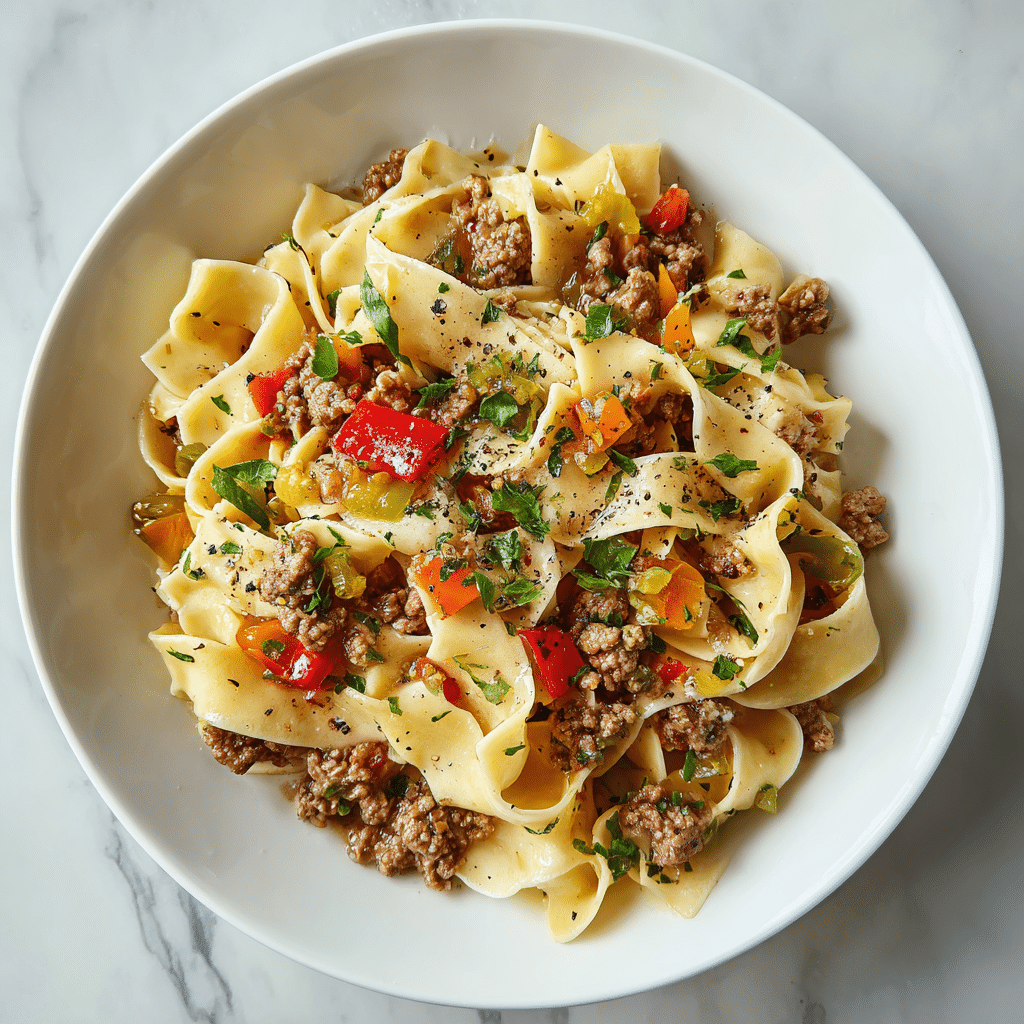 A white plate holds a generous serving of wide, curly egg noodles in pale yellow with a smooth, slightly glossy texture, mixed with small crumbles of browned ground meat that add a rough texture. There are bright red chunks of cooked tomatoes and scattered pieces of green and orange bell peppers, giving a colorful contrast. Tiny bits of herbs and black pepper are sprinkled throughout, adding specks of green and dark brown. The food looks warm and well-seasoned, with the noodles gently folded and layered over the meat and vegetables. The plate is placed on a white marbled surface. photo taken with an iphone --ar 4:5 --v 7