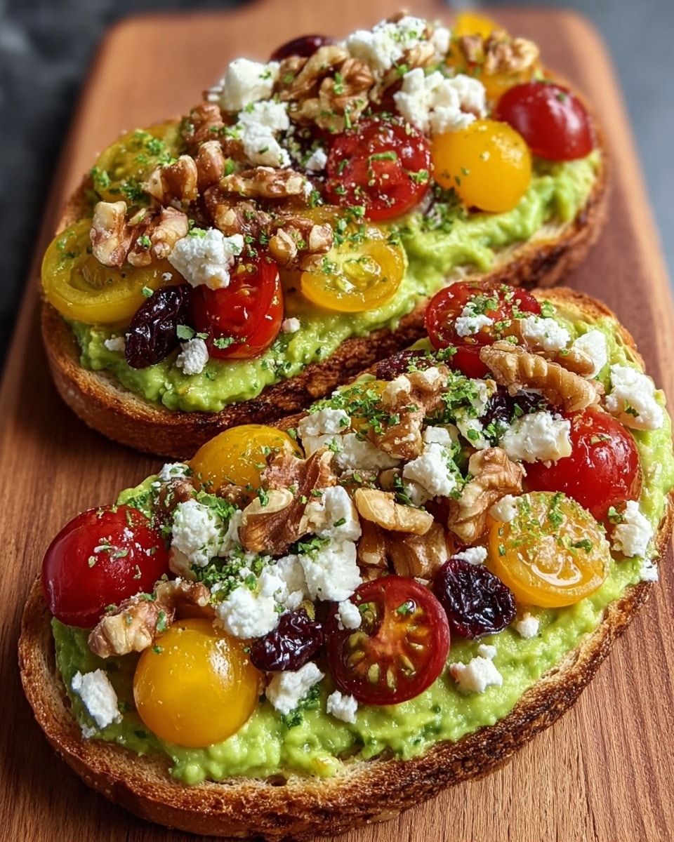 Two slices of toasted bread are topped with a thick, smooth green layer of mashed avocado spread evenly. On top of the avocado, there are halves of red and yellow cherry tomatoes scattered, adding bright splashes of red and yellow. White, crumbly pieces of cheese are sprinkled across the tomatoes, along with whole walnut halves placed around, giving a rough texture and brown color contrast. Small dark red dried cranberries are interspersed, adding a little shine and color pop. Parsley flakes are lightly sprinkled over everything, adding green bits on top. The toast is placed on a wooden board, with a shallow depth of field and natural light, photo taken with an iphone --ar 4:5 --v 7
