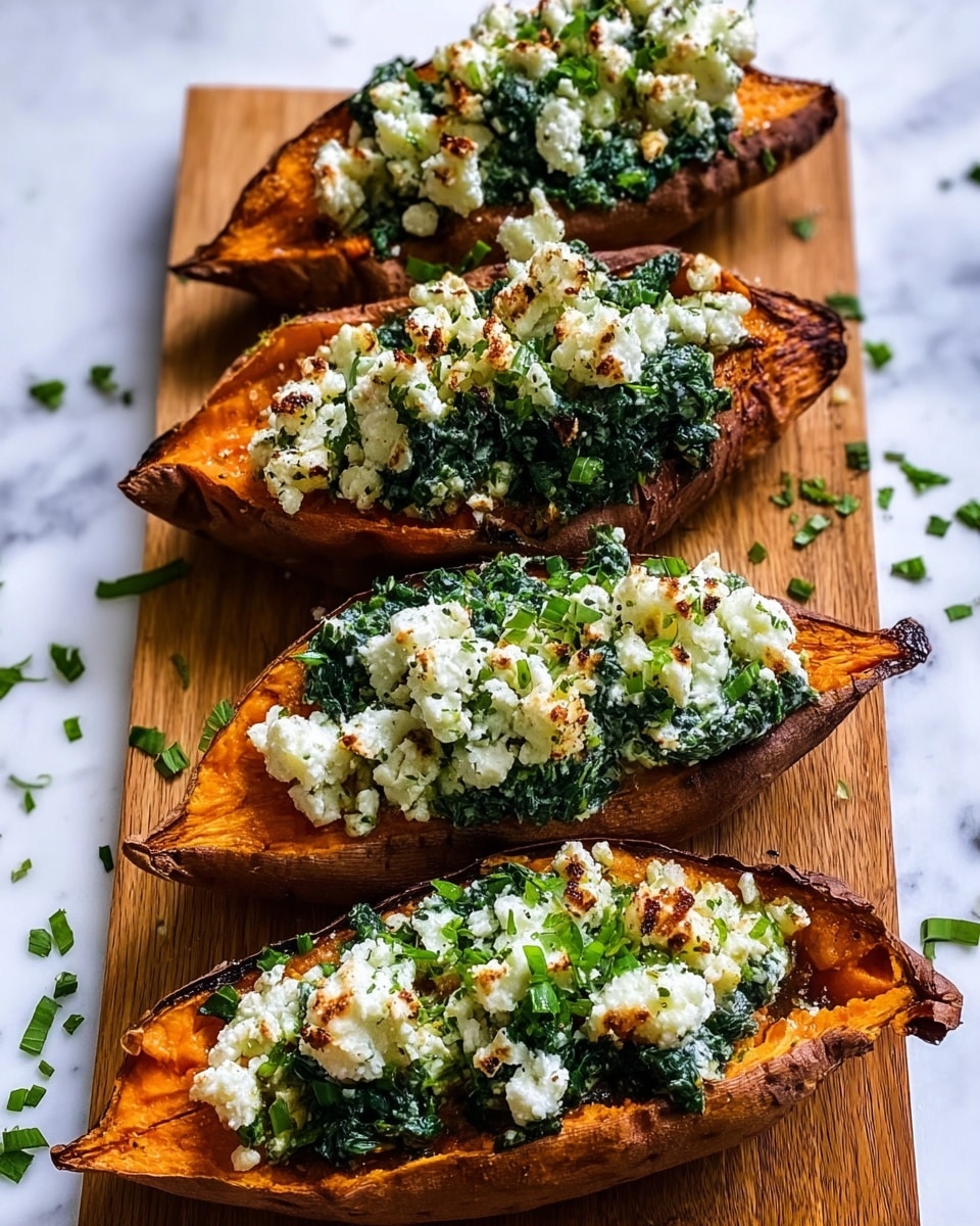 The image shows four halves of roasted sweet potatoes, each cut lengthwise and placed on a wooden board. Each sweet potato half has three visible layers: the base orange roasted sweet potato flesh with slight charring on the edges, a middle layer of cooked green spinach covering most of the surface, and a top layer made of crumbly white cheese scattered unevenly with some golden browned spots from baking. The dish is sprinkled with finely chopped fresh green herbs all around and on top. Photo taken with an iphone --ar 4:5 --v 7