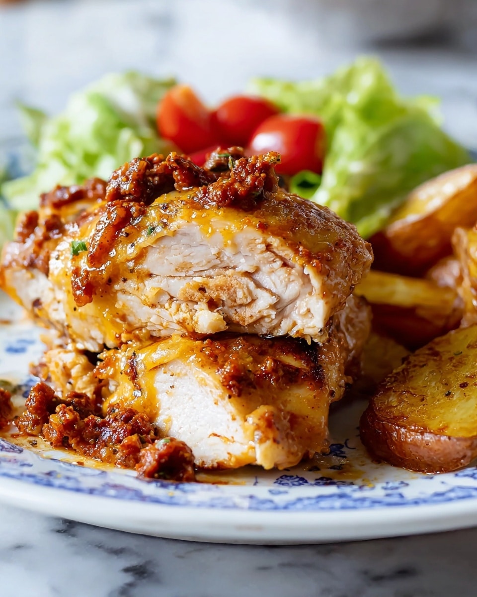 A metal pan holds a cooked dish featuring four pieces of browned chicken breast layered with melted white cheese. Between and around the chicken, there are cooked yellow onion slices and small chunks of browned ground meat spread evenly. The mixture of melted cheese, orange oil from the meat, and browned bits creates a textured, slightly crispy surface with rich colors. The pan is sitting on a white marbled surface with a white and black striped cloth nearby. photo taken with an iphone --ar 4:5 --v 7