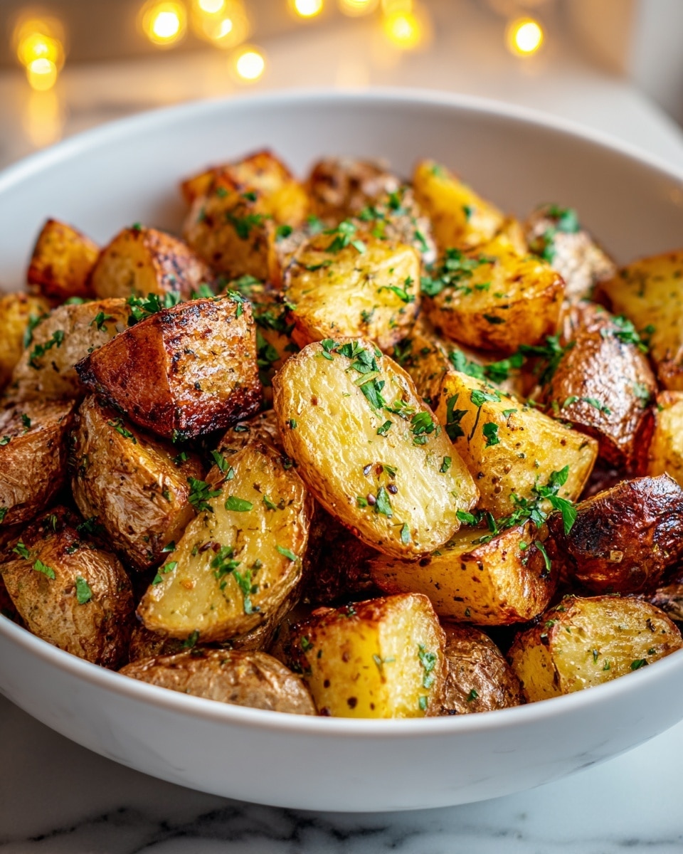 A white bowl full of cut roasted potatoes with golden brown crispy edges, showing some pieces with a darker roasted crust and others lighter, mixed with sprinkled chopped green herbs that add a fresh pop of color. The potatoes’ textured skin is visible in places, and the herbs scattered on top bring a touch of vibrancy. The bowl is placed on a white marbled surface with warm blurred lights in the background giving a cozy feeling. photo taken with an iphone --ar 4:5 --v 7