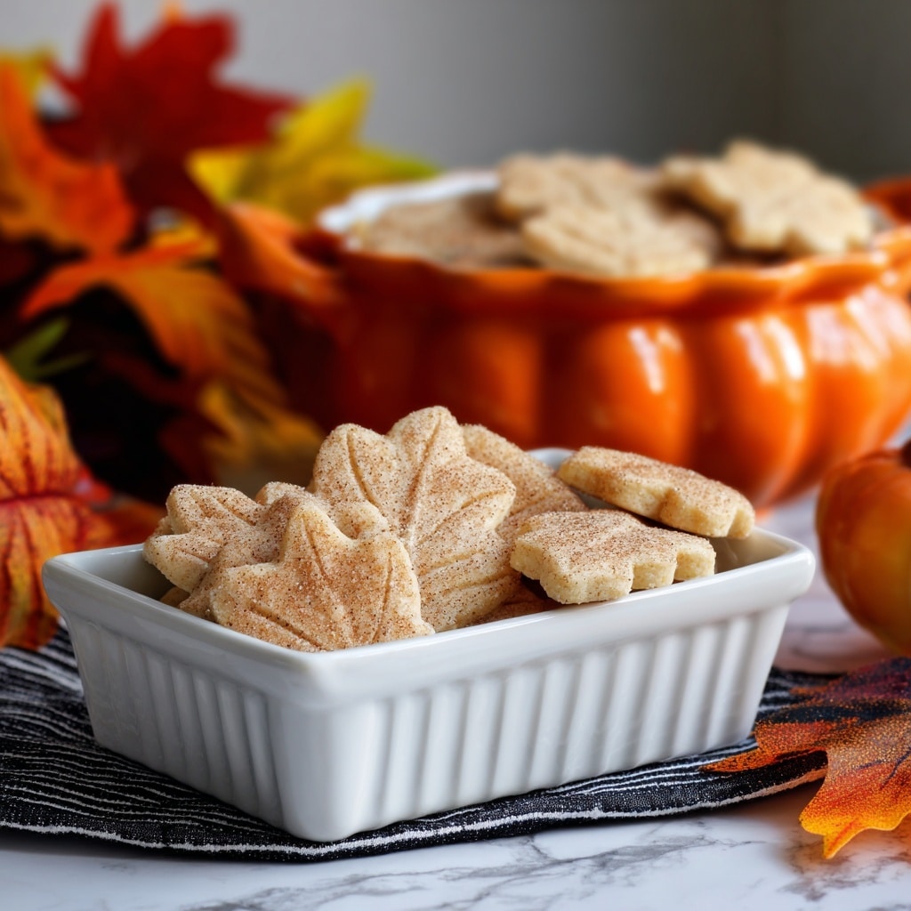 The image shows a white rectangular dish full of small pie crust cookies shaped like leaves and sticks, covered with a light dusting of cinnamon sugar, giving them a warm golden-brown color with specks of darker brown. Behind the cookies is a small pumpkin-shaped orange bowl filled with a creamy, light tan dip, with three small leaf-shaped cookies dipped and standing inside the bowl. The dish rests on a white marbled surface, with a striped black and white cloth under part of it, and blurred fall leaves in warm yellow and red colors in the background. Photo taken with an iphone --ar 4:5 --v 7