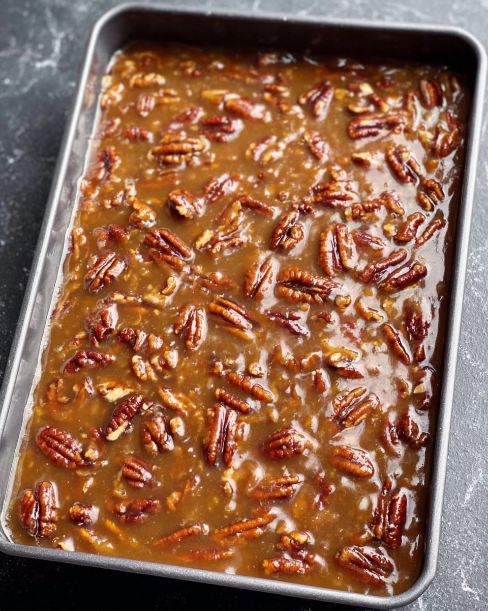 A close-up of a single square brownie with two visible layers placed on a white marbled surface. The bottom layer is thick, dark brown, and dense with a slightly crumbly texture. The top layer is a sticky, light golden-brown caramel layer mixed with chopped nuts, giving it a rough and bumpy appearance. The caramel topping looks glossy and rich, slightly melting over the edges of the brownie. Photo taken with an iphone --ar 4:5 --v 7