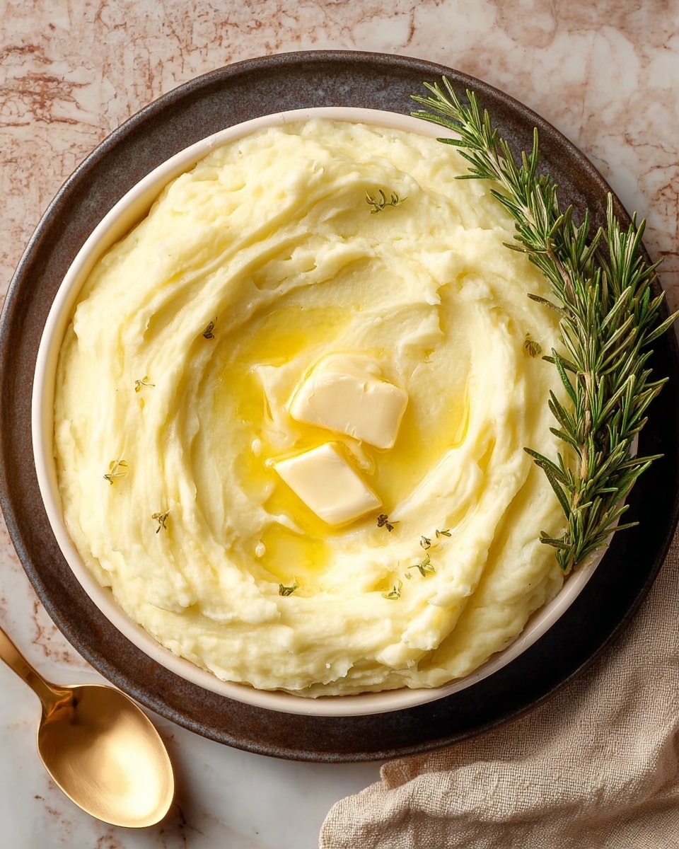 A round white ceramic dish filled with one thick layer of creamy, pale yellow mashed potatoes with soft swirls on the surface. On top, there are two small, melting pats of light yellow butter with a shiny, slightly glossy texture caused by melting, and next to them is a fresh, green rosemary sprig adding a pop of color. The dish sits on a round dark plate, placed on a white marbled textured surface. A gold spoon with a beige cloth napkin is placed on the side. Photo taken with an iphone --ar 4:5 --v 7