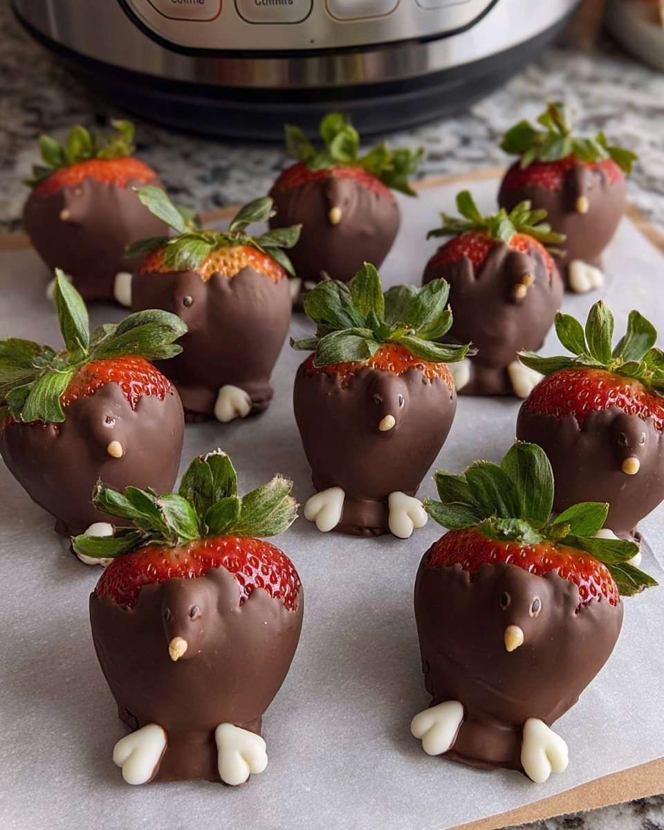 The image shows 14 chocolate-covered strawberries arranged on a white marbled surface, each designed to look like a small turkey. Each strawberry is fully coated in smooth milk chocolate, forming the body of the turkey, with the green leaves of the strawberries left uncovered at the top to resemble feathers. Attached to each strawberry are two small chocolate-coated sticks acting as legs, and each leg has a white chocolate tip to represent the turkey's claws. The strawberries are placed on a sheet of white parchment paper with faint text, and in the background, part of a stainless steel Instant Pot and a white container on a granite countertop are visible. photo taken with an iphone --ar 4:5 --v 7