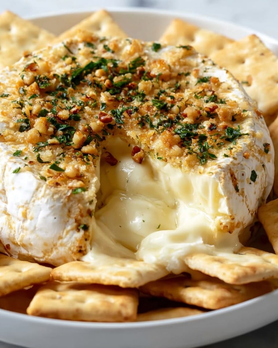 A close-up of a round creamy cheese wheel with a golden-brown crust on top made of small chopped herbs and finely toasted nuts, showing a smooth, soft, and melting interior oozing slightly as a triangular slice is taken out. The cheese is placed in the center of a white shallow dish, surrounded by light tan square crackers arranged neatly around the edge. The surface beneath the dish is a white marbled texture. photo taken with an iphone --ar 4:5 --v 7