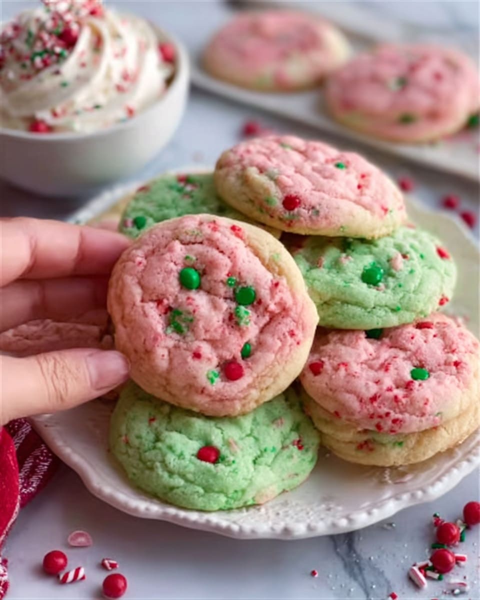 A close-up image shows two soft, round cookies held by a woman's hand with light pink nail polish. One cookie is green with red and white sprinkles, and the other is pink with the same sprinkles. In the background, a white plate holds more cookies in green and pink colors, all topped with red and white sprinkles. A small white bowl with green, red, and white M&M-like candies sits on the white marbled surface next to the plate, with a white and red striped stick nearby, creating a festive, holiday feel. Photo taken with an iphone --ar 4:5 --v 7