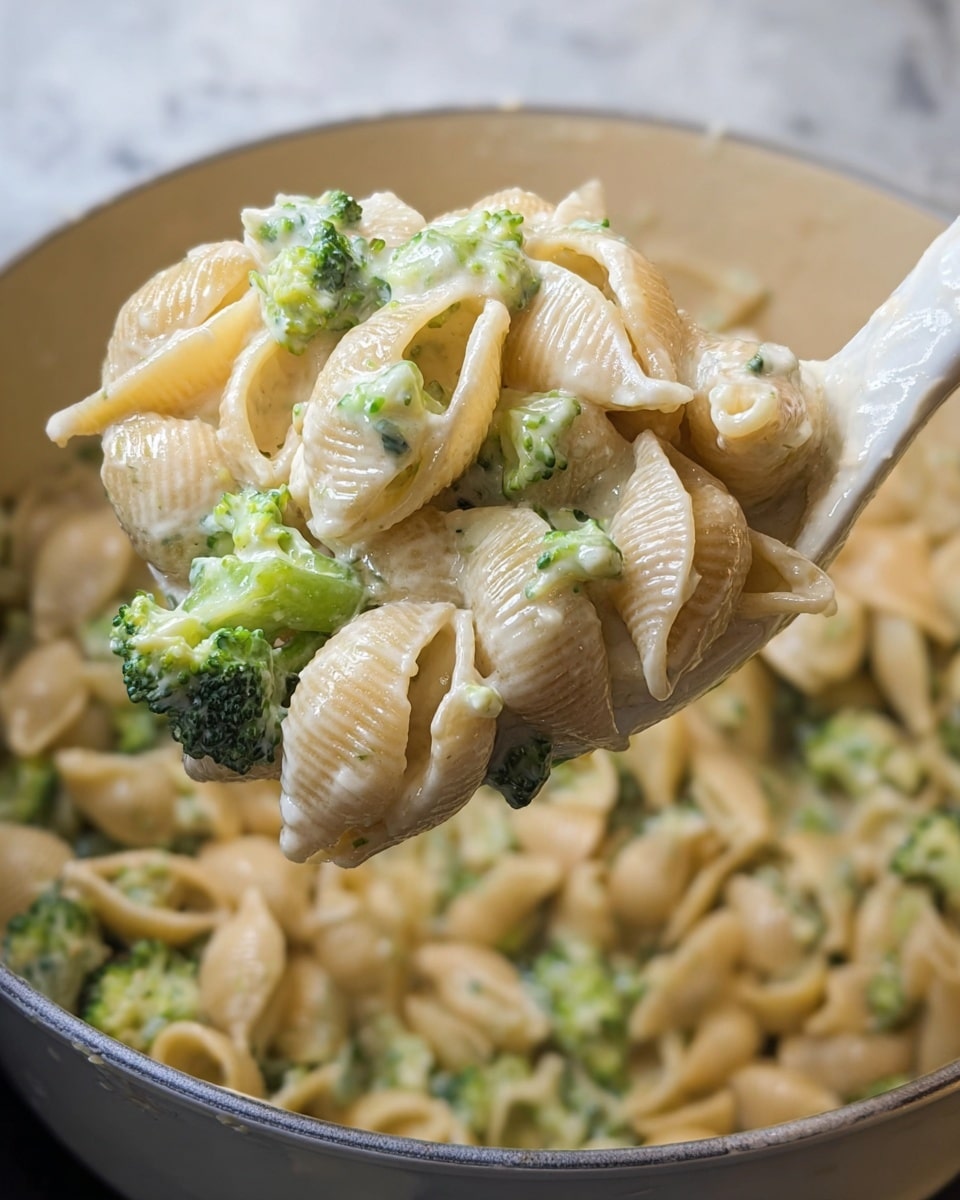 The image shows creamy broccoli pasta with shell-shaped noodles mixed evenly with small bright green broccoli florets. The pasta is coated in a smooth, beige-colored creamy sauce that makes it look soft and moist. The filling inside some shells is visible, showing a bit of the creamy sauce inside. The dish is displayed against a white marbled surface, highlighting the light colors and textures of the pasta and broccoli. Photo taken with an iphone --ar 4:5 --v 7