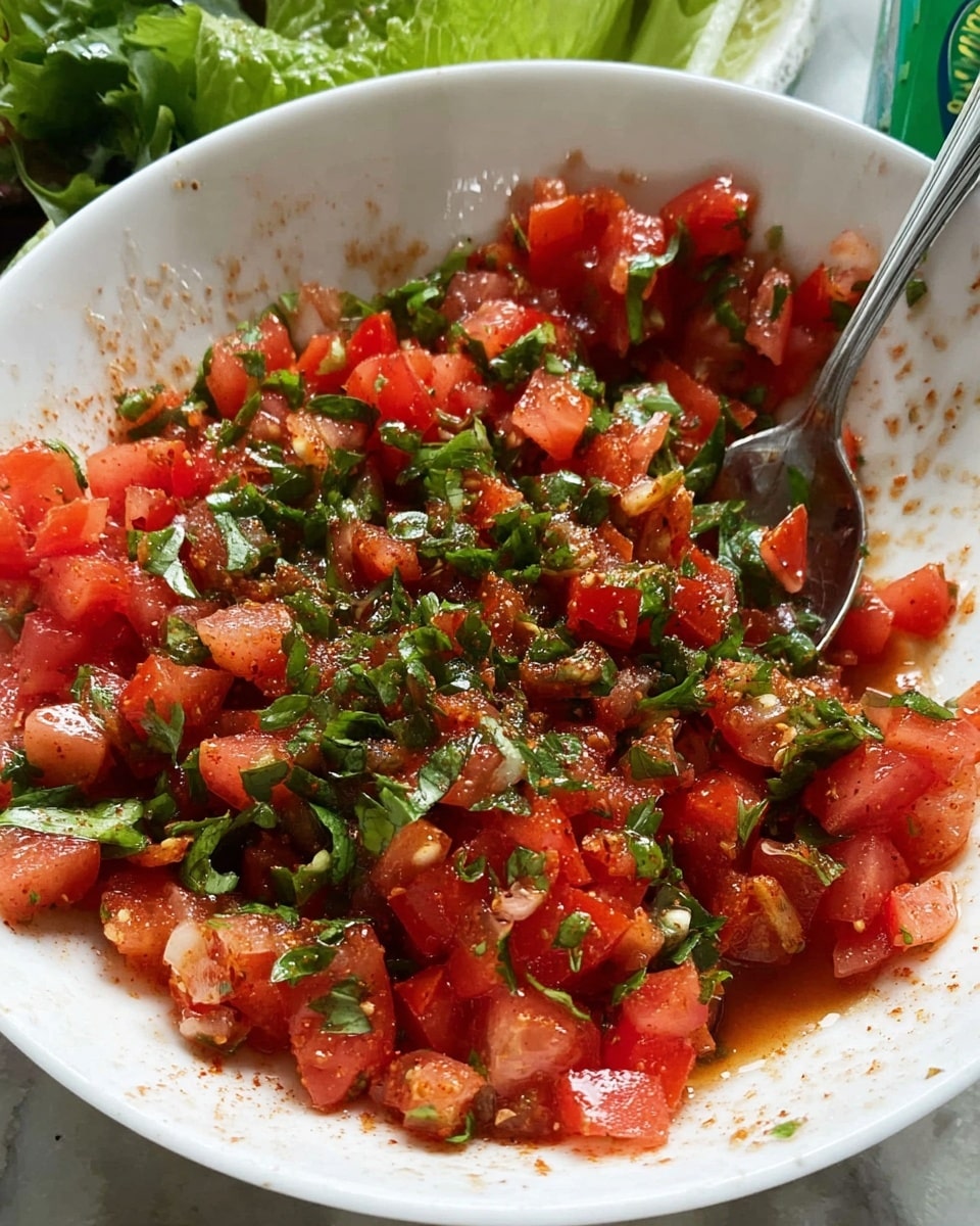 A close-up view of a white bowl filled with roughly chopped red tomatoes, sprinkled with coarse salt and black pepper, creating a textured and slightly wet surface. The bright red tomato pieces vary in size and show juicy seeds and soft flesh. A metal spoon rests partially submerged on the right side of the bowl. In the background, there is fresh green basil, a green and white package, and a blue and white striped cloth, all on a white marbled surface. photo taken with an iphone --ar 4:5 --v 7