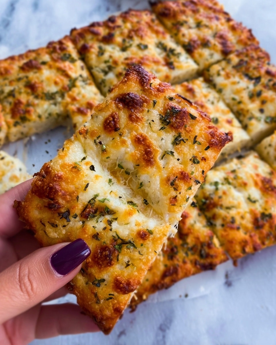 The image shows two rectangular cheese pizzas on white parchment paper on a white marbled surface. Each pizza is cut into six square slices, with a golden-brown crust that looks crispy. The top layer is covered evenly with melted cheese that is light golden with some browned spots. You can see some herbs sprinkled on the cheese, adding green specks across the surface. In the bottom left corner, a woman's hand is reaching towards the closest pizza slice. Photo taken with an iphone --ar 4:5 --v 7