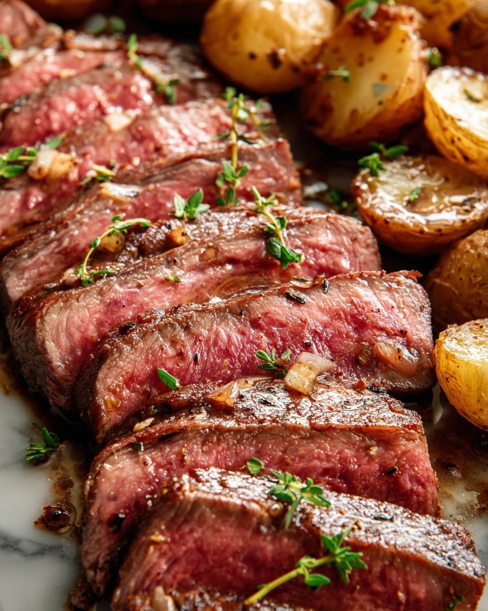 A black skillet filled with two main parts: on the left, a pile of roasted baby potatoes cut into halves and quarters, showing a crispy golden-brown outside and soft yellow inside; on the right, several slices of medium-rare steak arranged in a neat row, with a pink center and a browned outer edge. A few green sprigs of fresh herbs lay across the steak. The skillet sits on a white marbled surface. photo taken with an iphone --ar 4:5 --v 7