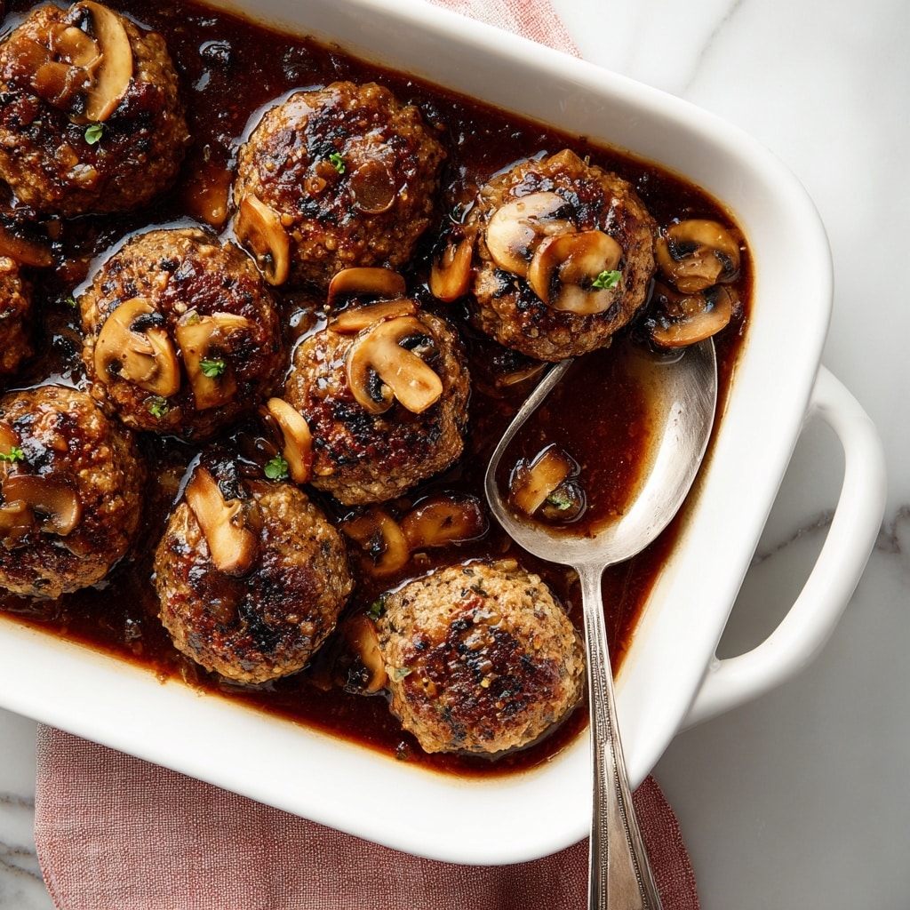 A white rectangular baking dish filled with several round mushroom patties cooked in dark brown sauce. The patties have a rough texture with visible pieces of mushrooms, some of which are light tan and others dark brown, scattered on top and within. A large metal spoon rests inside the dish, partially covered in the rich sauce. The dish is placed on a white marbled surface with a hint of a pink and white cloth visible on one side. Photo taken with an iphone --ar 4:5 --v 7