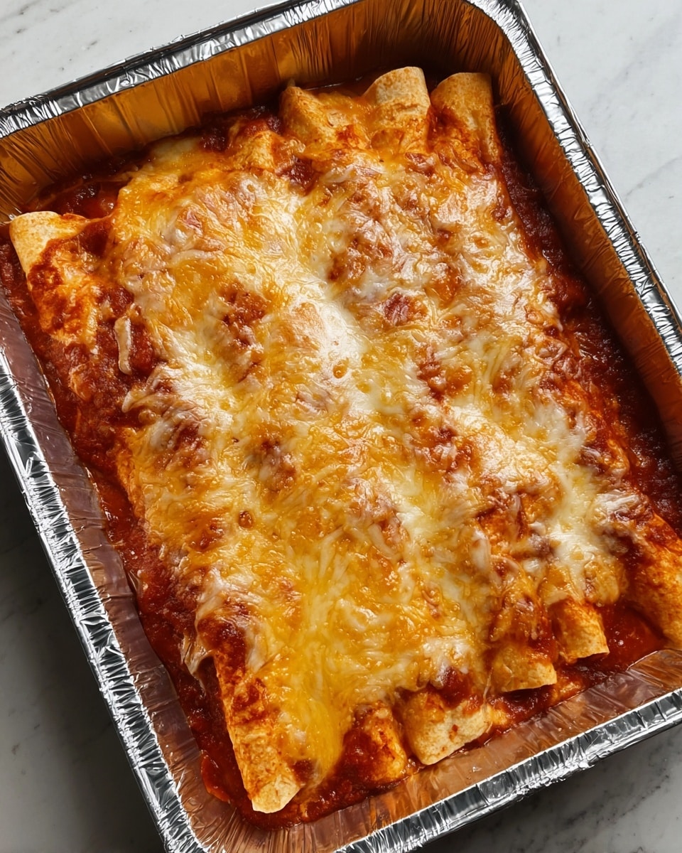 The image shows a foil tray filled with baked enchiladas. The dish has one main visible layer of rolled tortillas stuffed with filling, covered by a thick layer of melted cheese that is golden brown and bubbly on top. The tortillas peek out slightly from beneath the cheese and are soft with a light beige color. The edges of the tray show a dark reddish-brown sauce coating the rolled tortillas beneath the cheese layer, adding a rich texture. The top cheese layer has a mix of light orange and golden tones with some browned spots. The tray is sitting on a black surface against a dark background. photo taken with an iphone --ar 4:5 --v 7