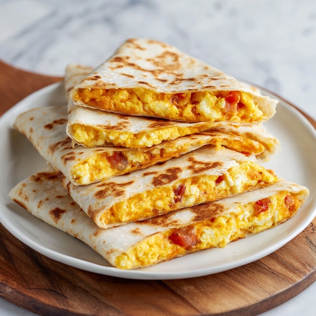 Four folded quesadilla pieces are placed on a white plate. Each piece shows a soft, light brown grilled tortilla exterior with visible crispy spots. Inside, there is a three-layer fill of scrambled eggs in yellow with some white chunks, melted orange cheese, and small bits of cooked red tomato and onion pieces, making the filling look textured and slightly moist. The plate is set on a round wooden board, and the background has a soft white marbled texture. Photo taken with an iphone --ar 4:5 --v 7