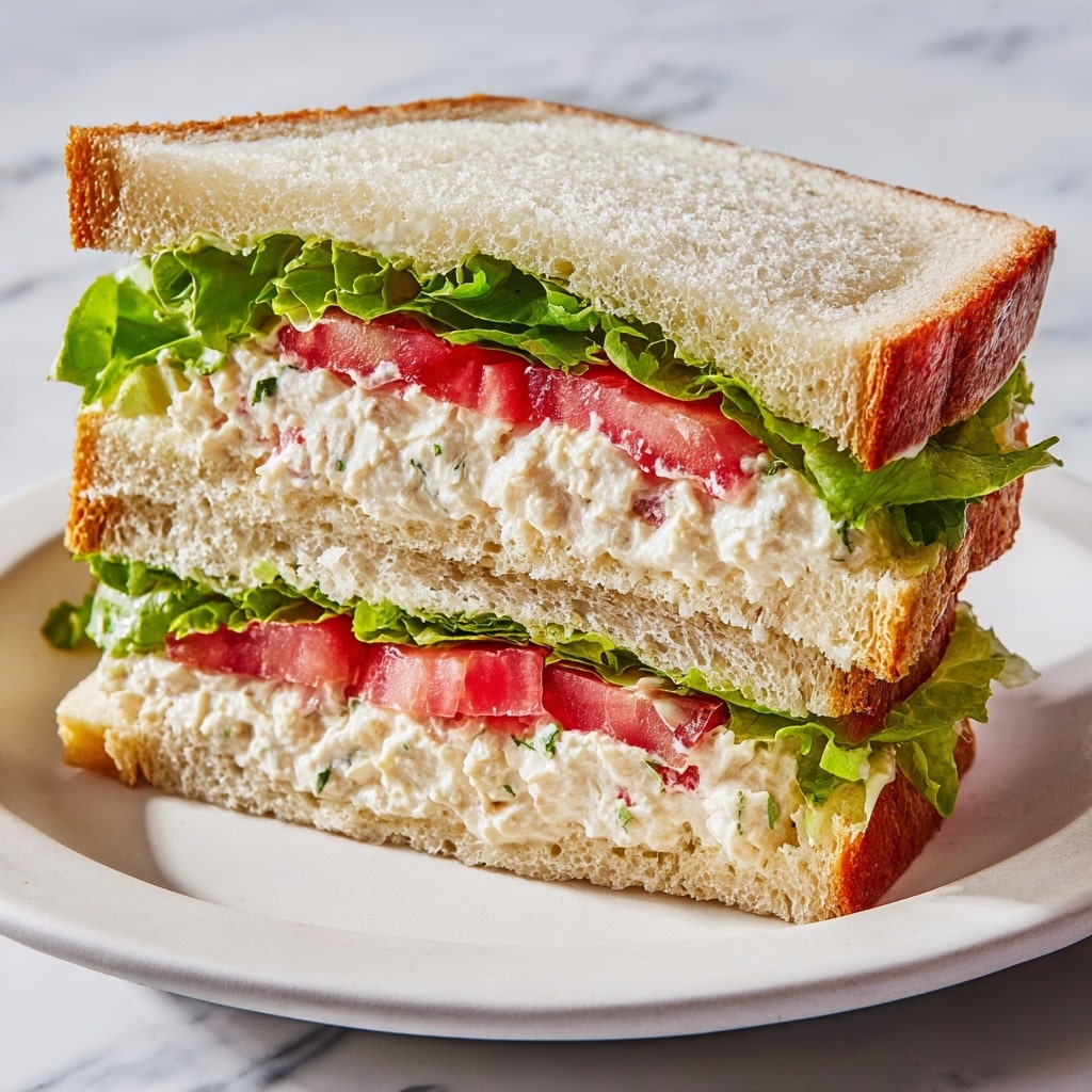 The image shows a sandwich cut in half and placed on a white plate with a white marbled texture. The sandwich has three visible layers: the top layer is soft white bread, followed by bright green lettuce leaves, then a layer of thin red tomato slices, and the bottom layer is thick white bread. Inside the sandwich, there is a creamy mixture with white and slightly grayish chunks, likely chicken salad, resting on the bottom slice of bread. The sandwich halves are positioned close together on the plate. Photo taken with an iphone --ar 4:5 --v 7