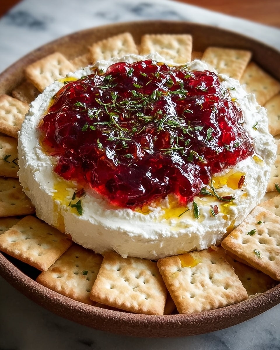 A round bowl filled with two layers: a thick, smooth white cream cheese or ricotta base with a slightly textured surface, topped with a generous layer of glossy red jelly or jam garnished with finely chopped green herbs and a drizzle of golden olive oil that pools slightly around the edges. The bowl is surrounded by square, light brown crackers, all placed on a white marbled surface. Photo taken with an iphone --ar 4:5 --v 7