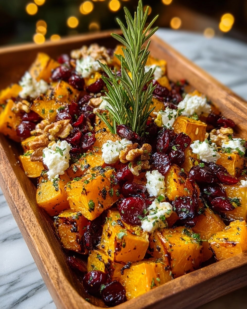 The image shows a wooden tray filled with roasted orange-colored pumpkin cubes as the main layer. On top of the pumpkin are scattered white crumbled cheese pieces and dark red dried cranberries. Whole walnut halves are also spread evenly over the dish, adding texture. A fresh green rosemary sprig stands upright in the center, giving a fresh contrast. The tray is placed on a surface with a white marbled texture, and warm yellow bokeh lights are visible softly in the background. photo taken with an iphone --ar 4:5 --v 7