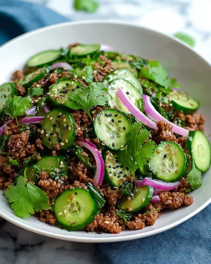 Spicy Korean Ground Beef with Cucumber Salad Recipe