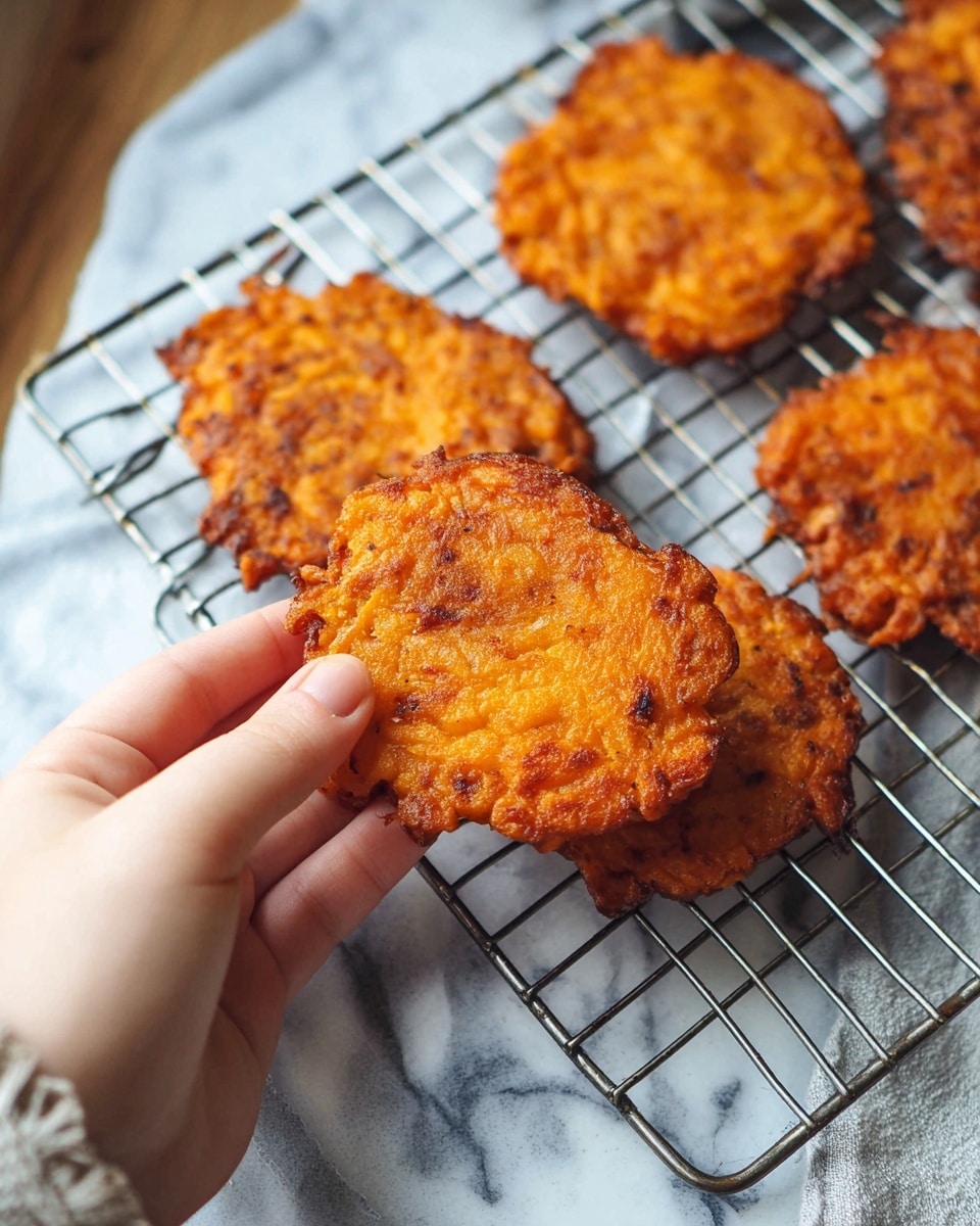 A stack of six golden-brown sweet potato fritters with crispy edges and a slightly uneven texture, showing bits of sweet potato strands throughout each round, is placed on a metal cooling rack. The fritters have an orange hue with darker toasted spots, creating a warm and crunchy look. In the foreground, part of another fritter is slightly out of focus, resting on the same rack. The entire scene sits on a white marbled surface with a soft blurred background, adding depth and a cozy feel. photo taken with an iphone --ar 4:5 --v 7
