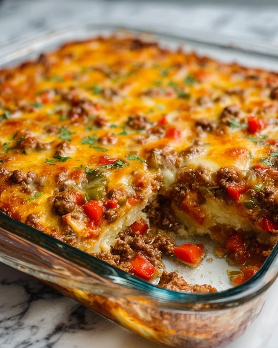A clear glass baking dish filled with a thick, layered casserole. The bottom layer is a pale yellow, soft and slightly crumbly, likely made of eggs or potatoes. The next layer is a mix of browned ground meat with small bits of red and orange diced vegetables. The top layer is a melted, golden-brown cheese layer with some crispy edges and scattered meat pieces visible. The sides show layers pressed tightly together, with the top cheese bubbling slightly. The dish is placed on a white marbled surface, and the corner scoop reveals the inside layers clearly. photo taken with an iphone --ar 4:5 --v 7
