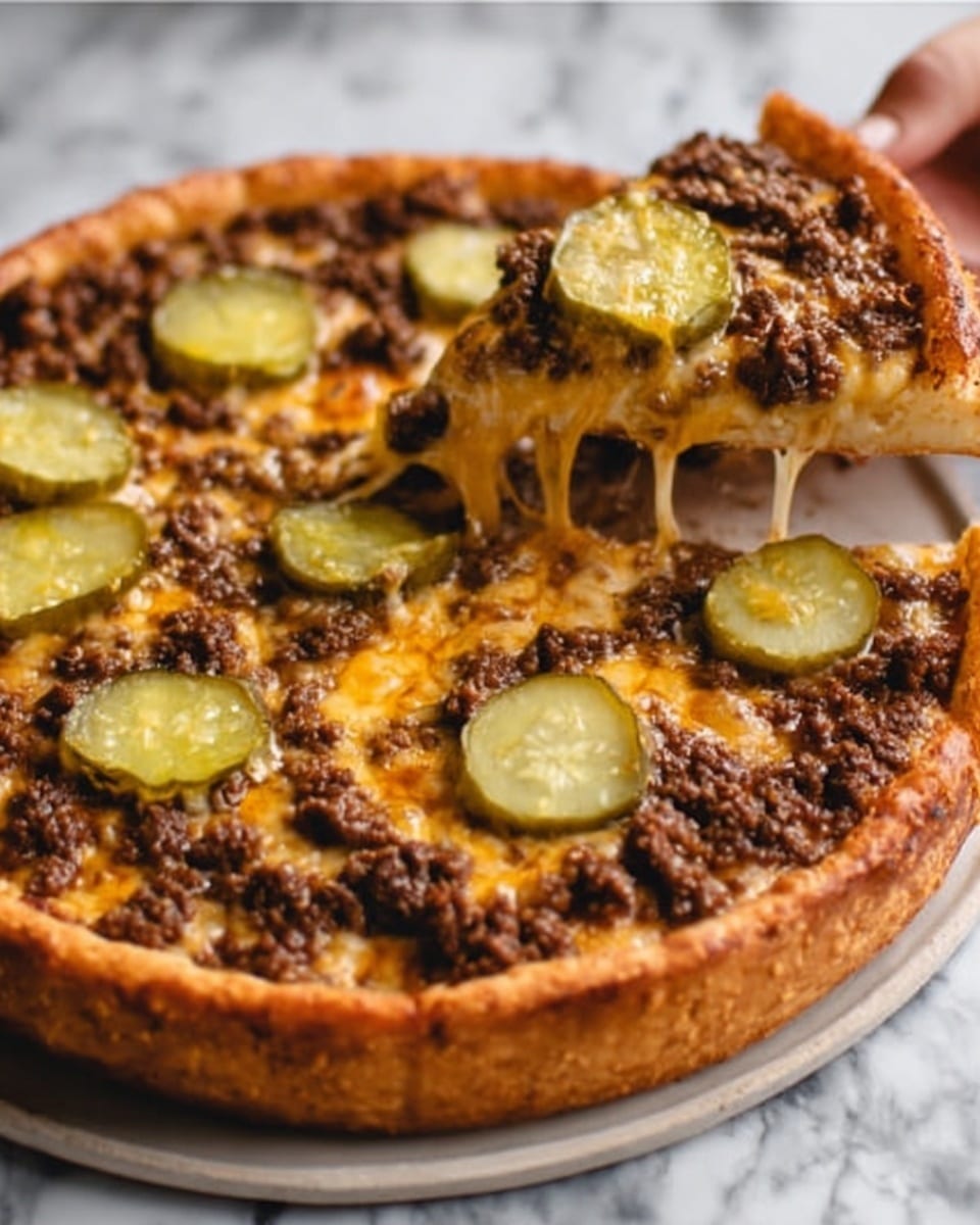 The image shows a round pizza with three clear layers. The bottom layer is a golden-brown crust that looks thick and soft. On top of the crust is a thick layer of melted cheese with a light orange color where it is seen in a stretch. The top layer has dark brown ground beef spread all over the pizza and round slices of green pickles placed evenly on the surface. A woman's hand is lifting one slice, showing the cheese pulling away in long strings. The pizza sits on a white plate, placed on a white marbled surface. Photo taken with an iphone --ar 4:5 --v 7