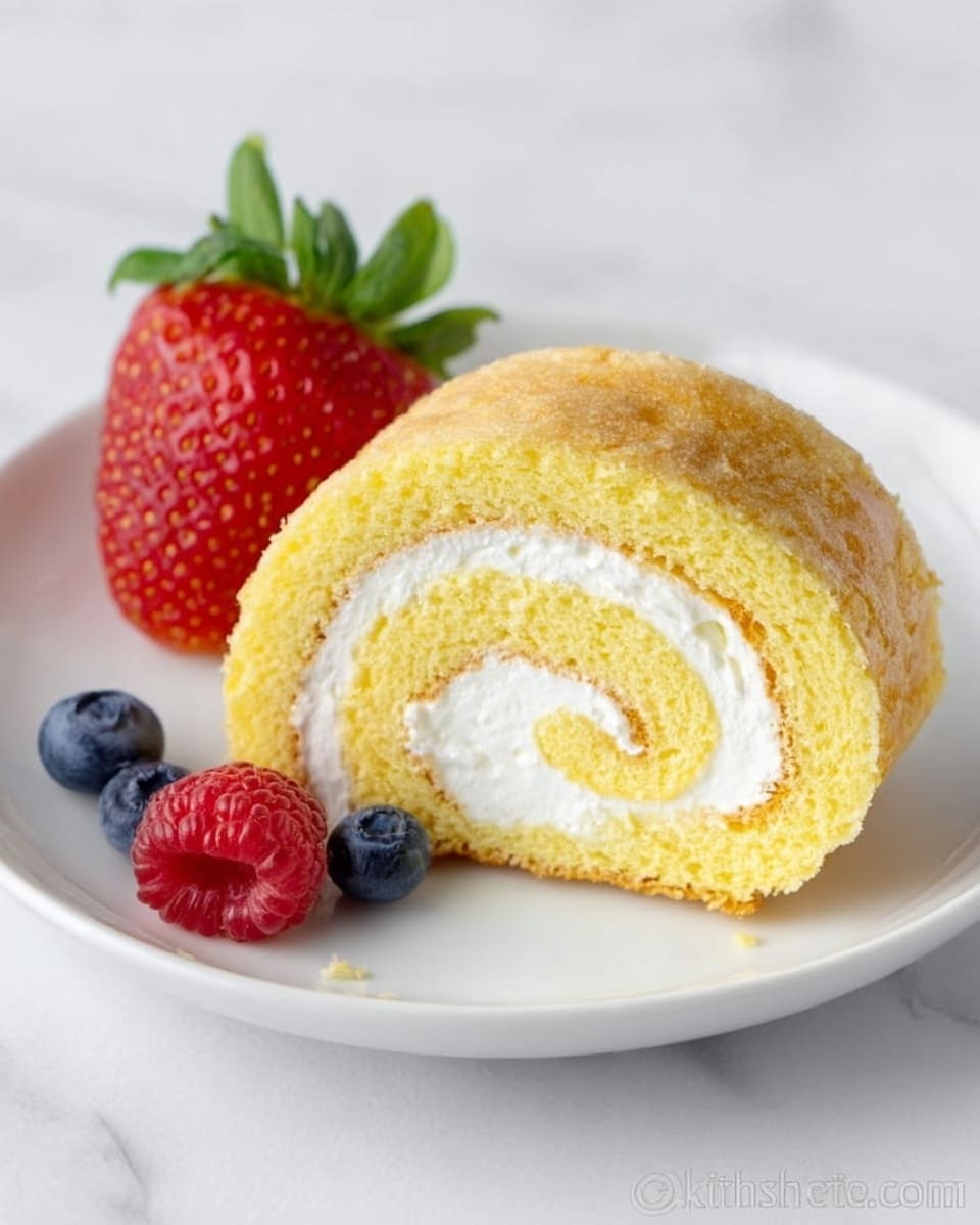 The image shows a single slice of yellow sponge cake roll with white cream filling inside, rolled in a spiral shape. The cake is on a white plate with a white marbled background. On the plate next to the cake are fresh fruits: a large strawberry with green leaves, a raspberry, and some blueberries. The soft texture of the cake and the smooth, fluffy layer of cream are clearly visible. The colors are bright and natural, making the dessert look fresh and tasty. photo taken with an iphone --ar 4:5 --v 7