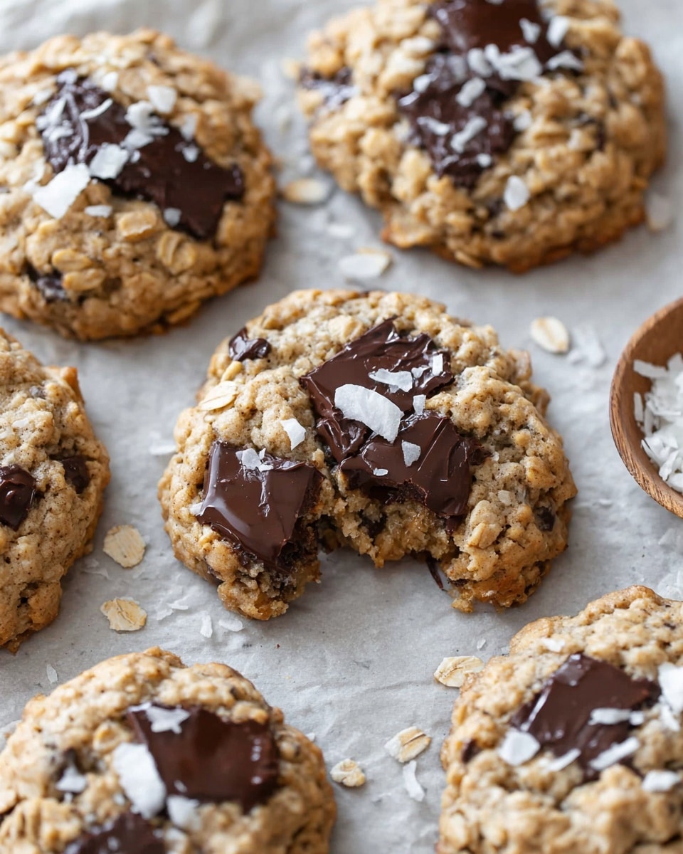 A group of soft oatmeal cookies with large dark chocolate chunks on top and mixed inside, arranged closely on a piece of parchment paper atop a metal cooling rack, set on a white marbled surface; one cookie is broken in half in the center, showing a gooey melted chocolate center inside the light brown, textured oatmeal dough. Photo taken with an iphone --ar 4:5 --v 7